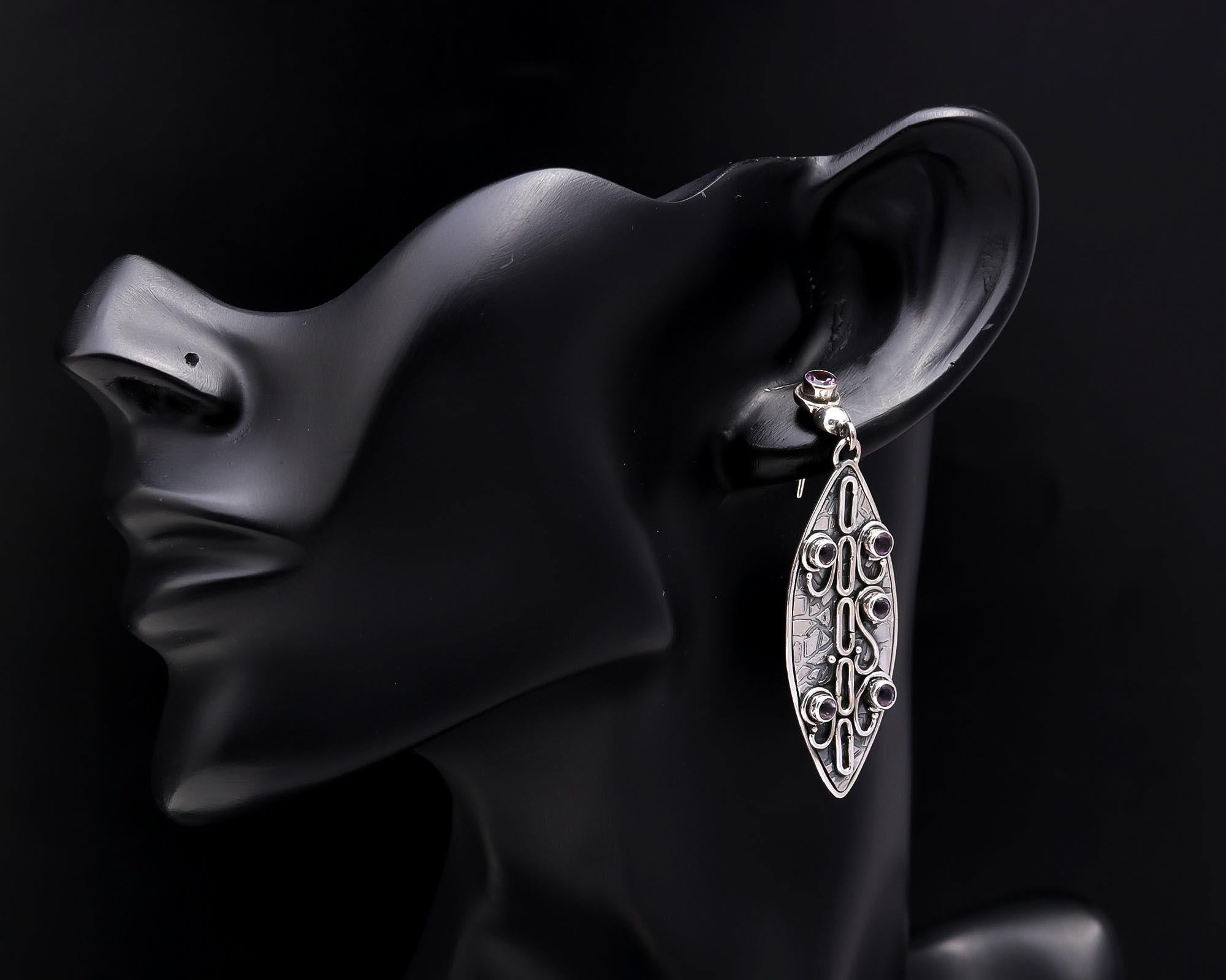 925 Sterling Silver Amethyst Vintage Filigree Drop Earrings