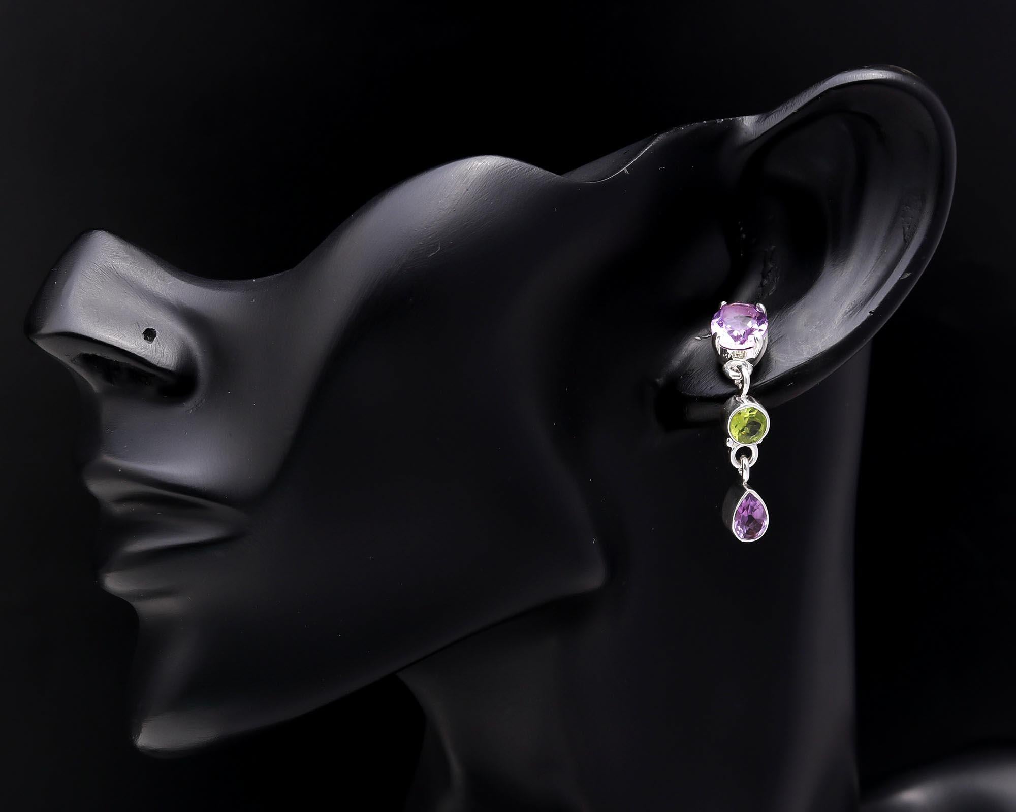 925 Sterling Silver Amethyst, Peridot & Garnet Drop Earrings