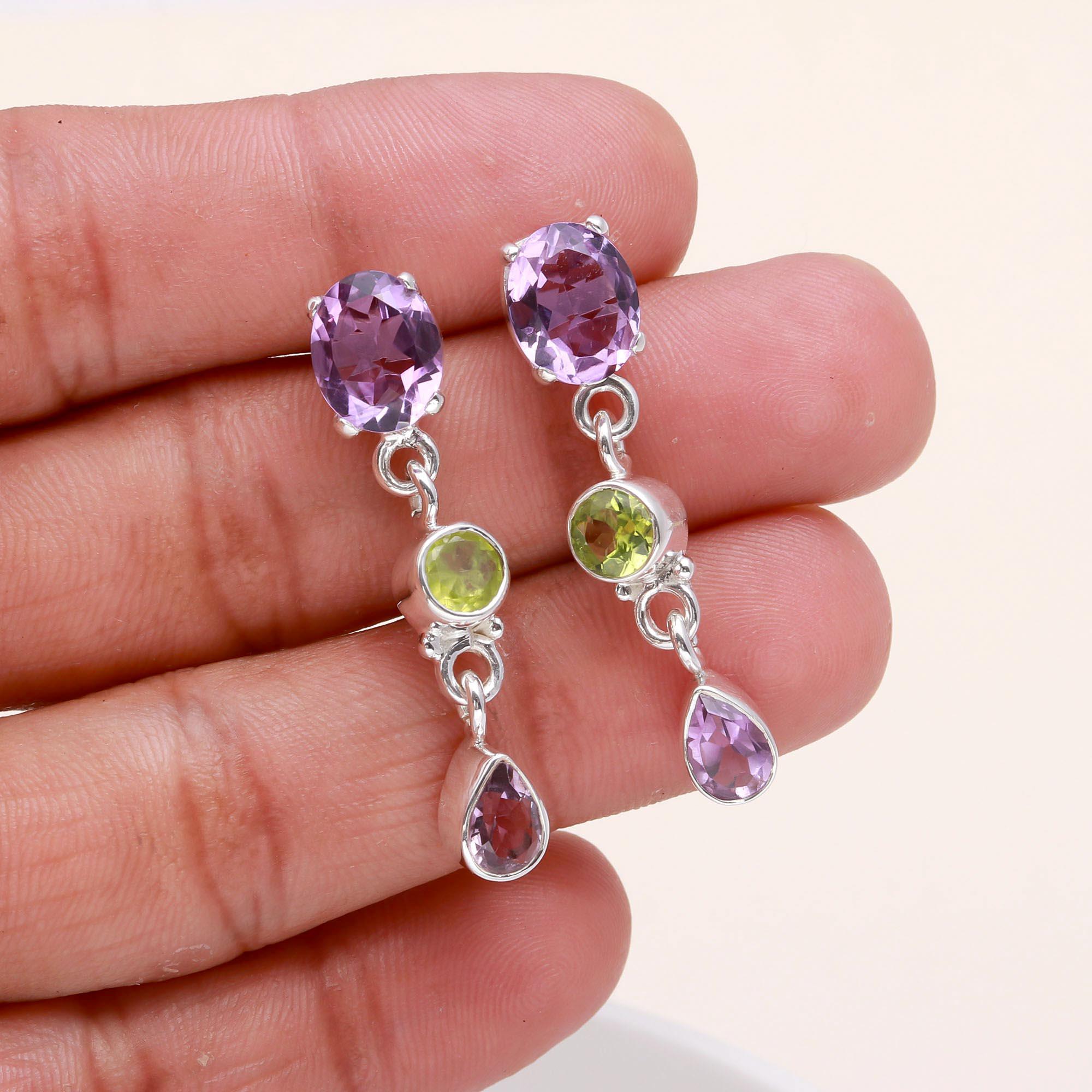 925 Sterling Silver Amethyst, Peridot & Garnet Drop Earrings