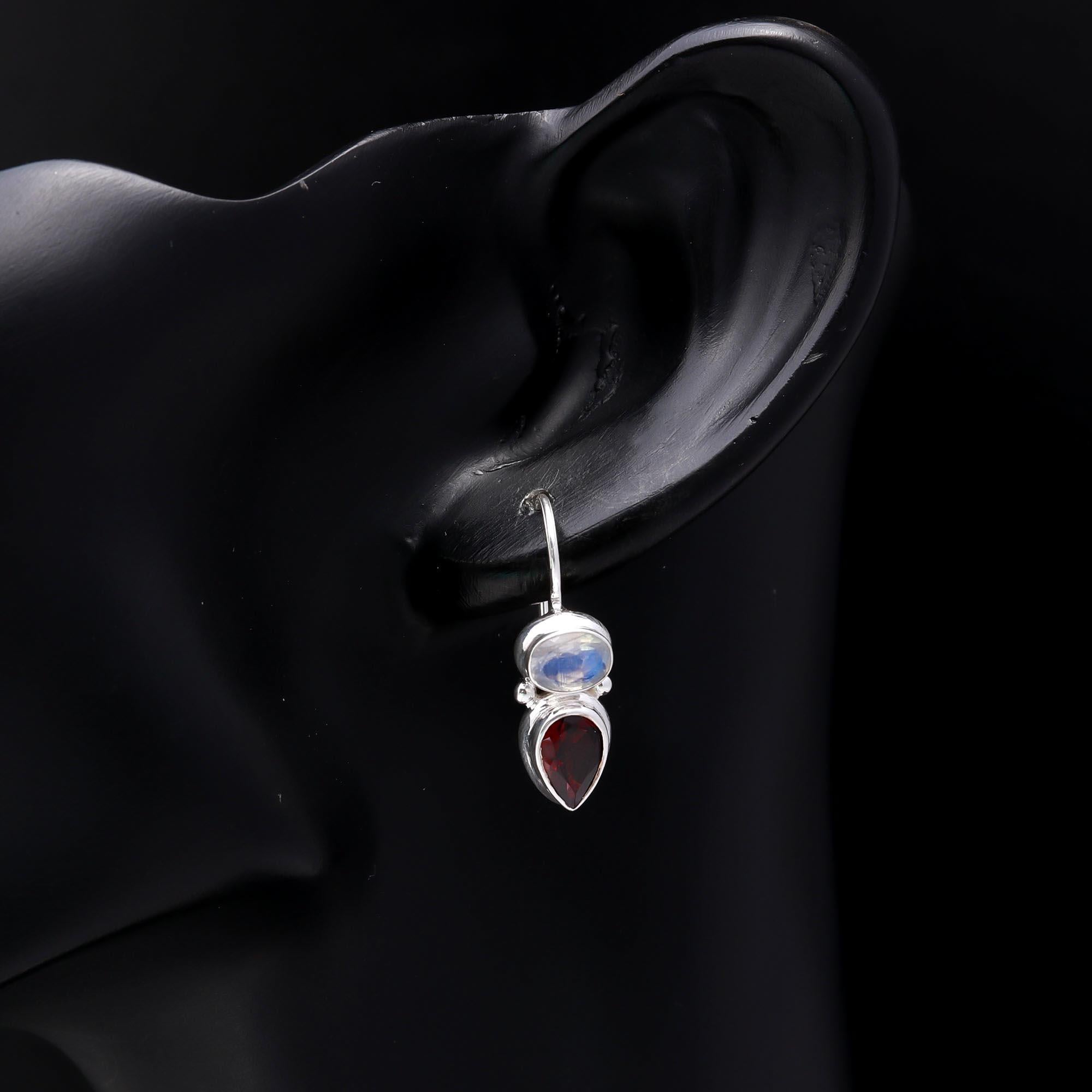 925 Sterling Silver Garnet & Moonstone Dangle Earrings