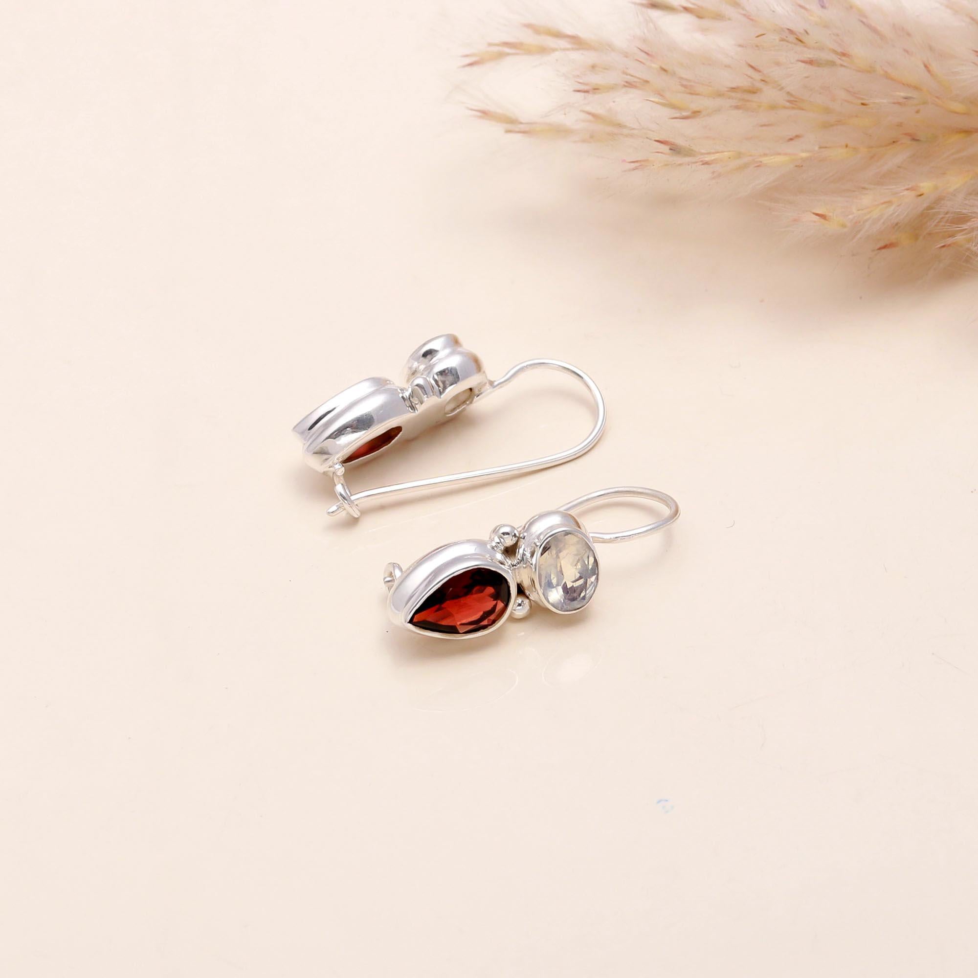 925 Sterling Silver Garnet & Moonstone Dangle Earrings
