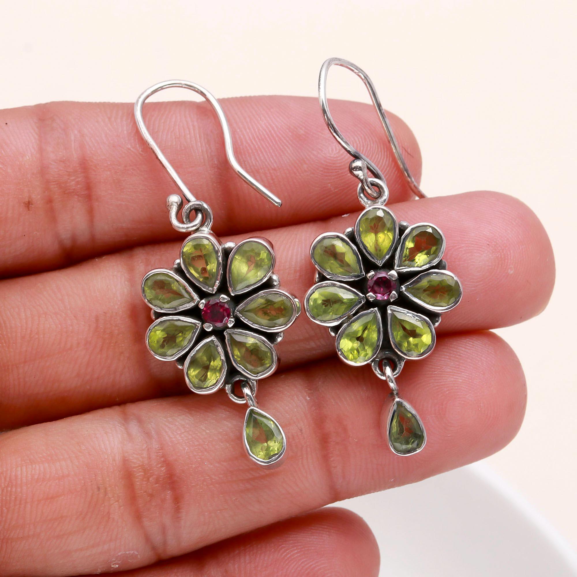 925 Sterling Silver Peridot & Pink Tourmaline Floral Dangle Earrings
