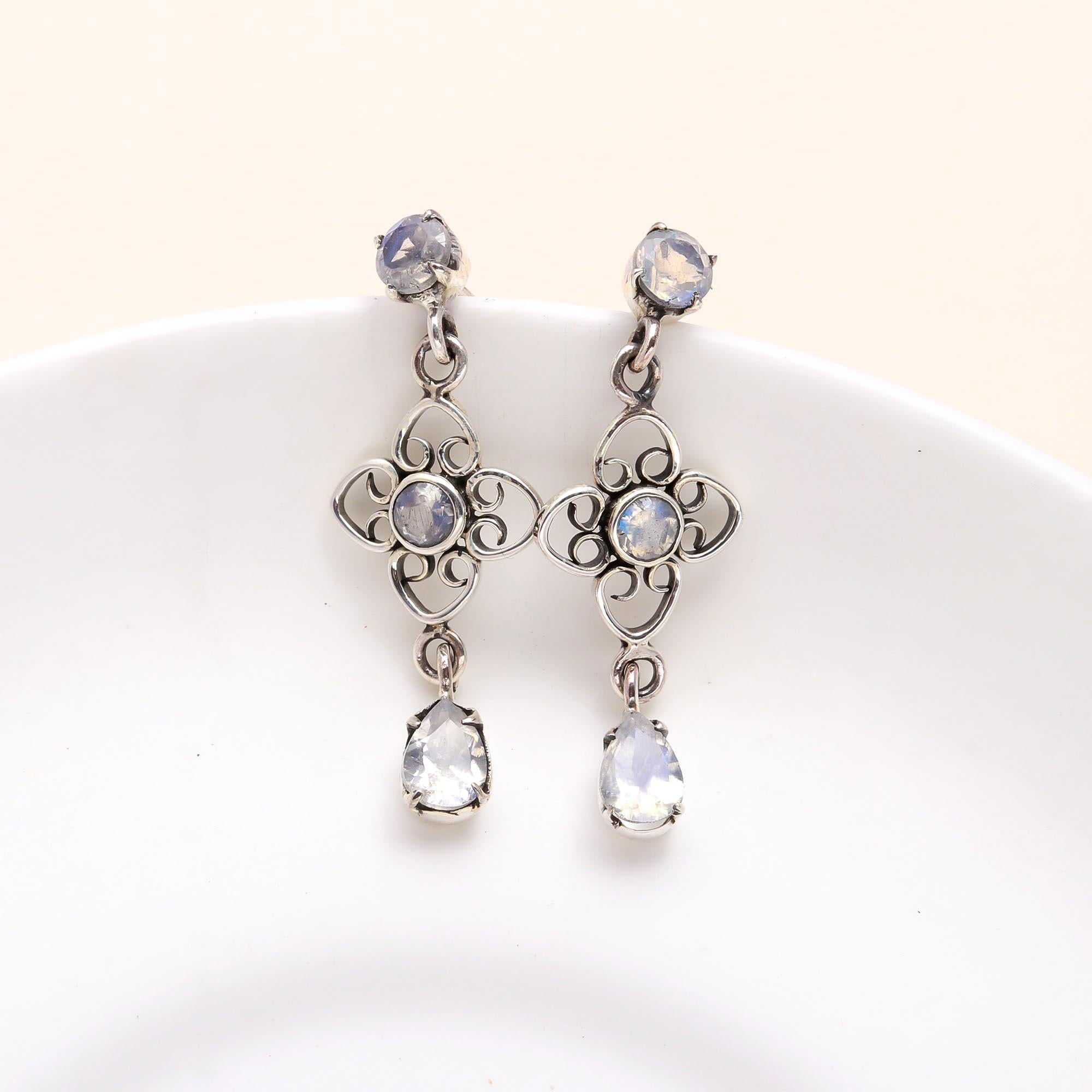 925 Sterling Silver Moonstone Filigree Drop Earrings