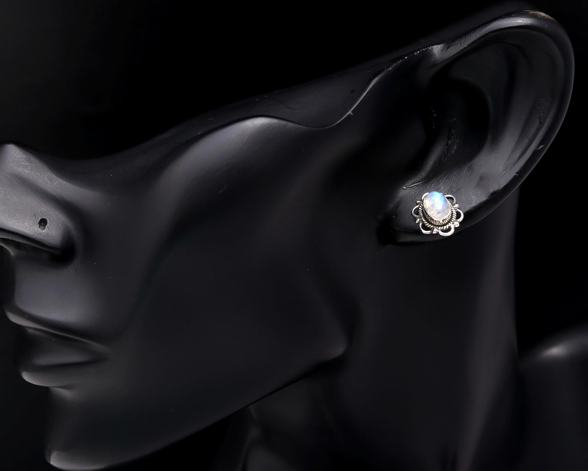 925 Sterling Silver Moonstone Vintage Boho Stud Earrings