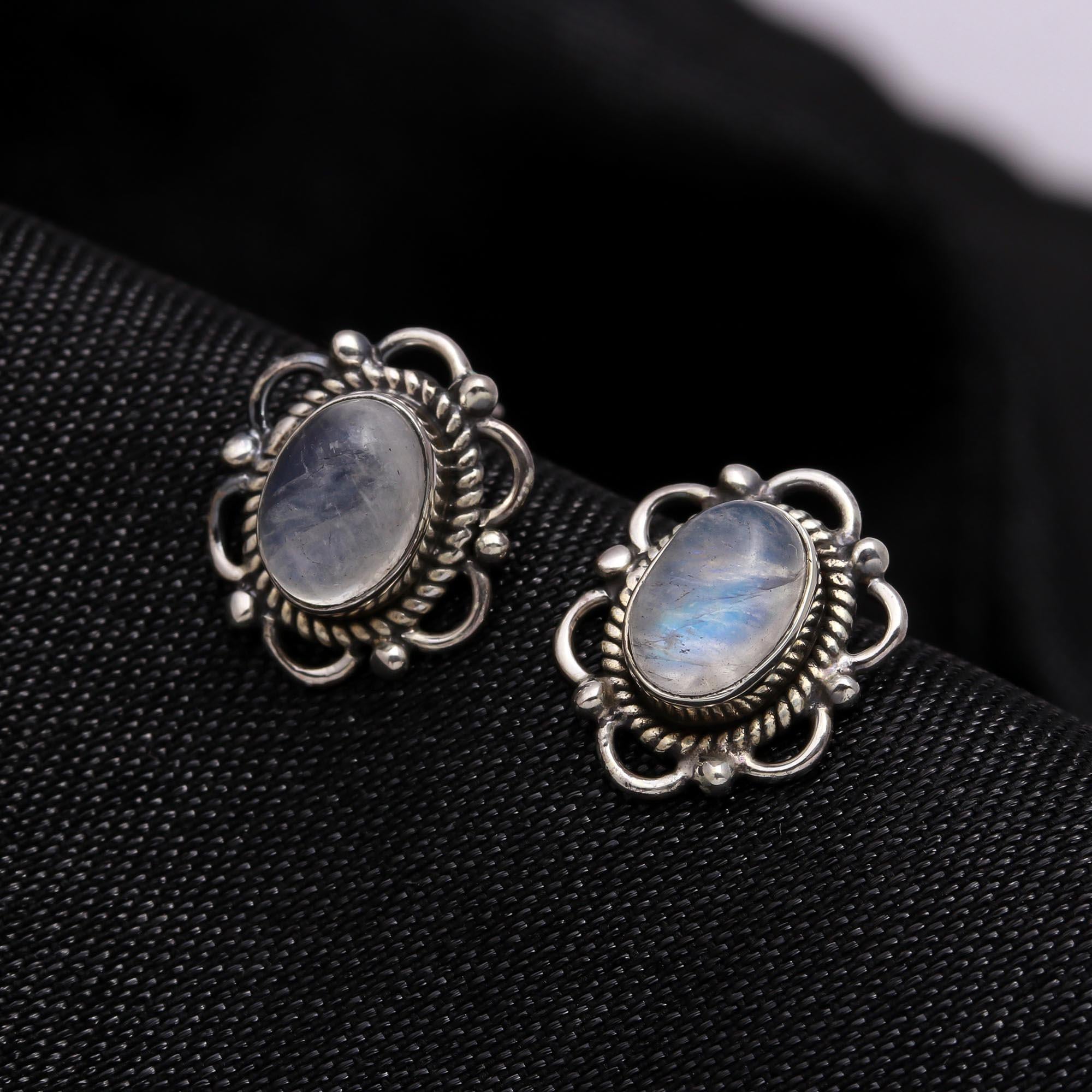 925 Sterling Silver Moonstone Vintage Boho Stud Earrings
