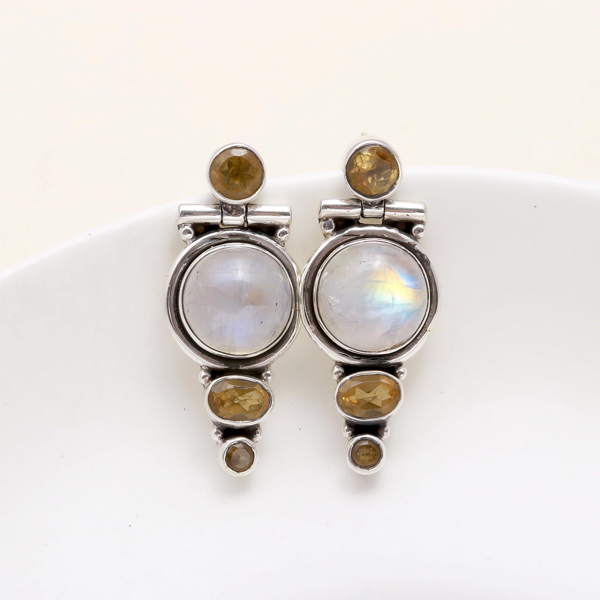 925 Sterling Silver Moonstone & Citrine Dangle Earrings
