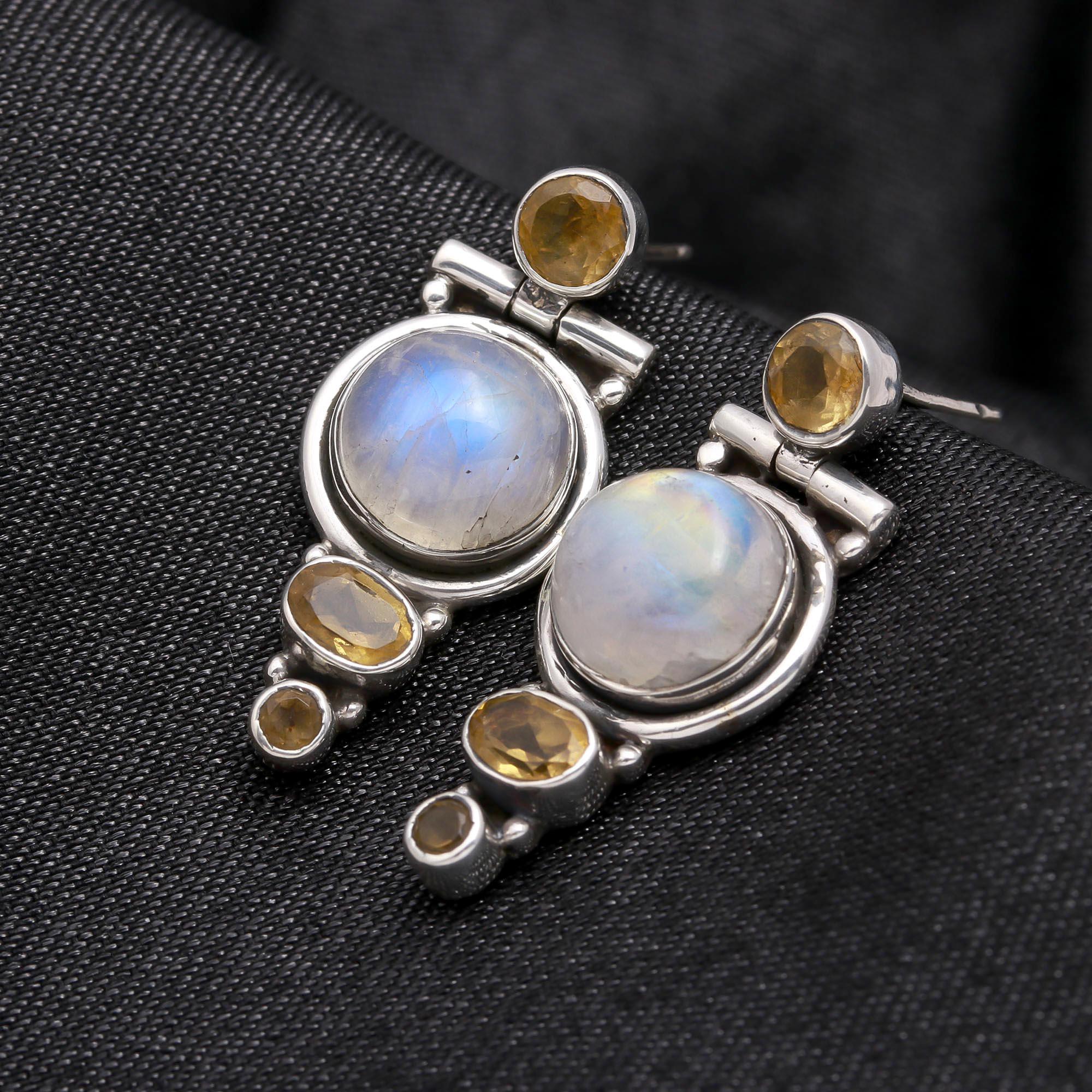 925 Sterling Silver Moonstone & Citrine Dangle Earrings
