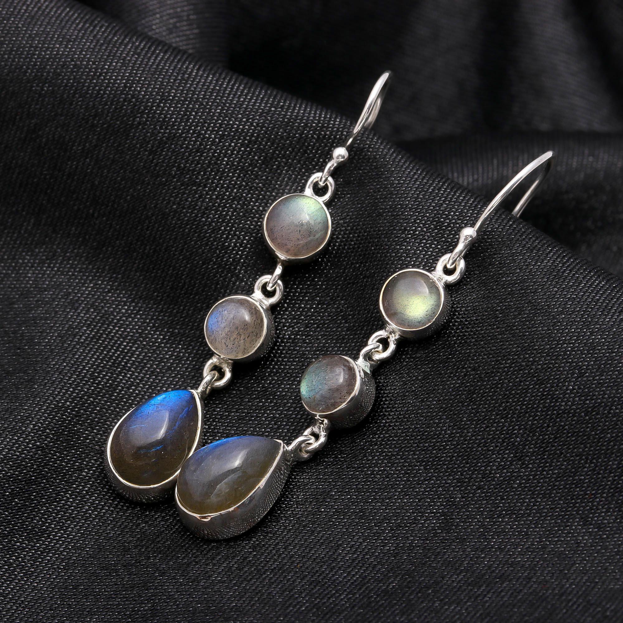 925 Sterling Silver Labradorite Boho Dangle Earrings