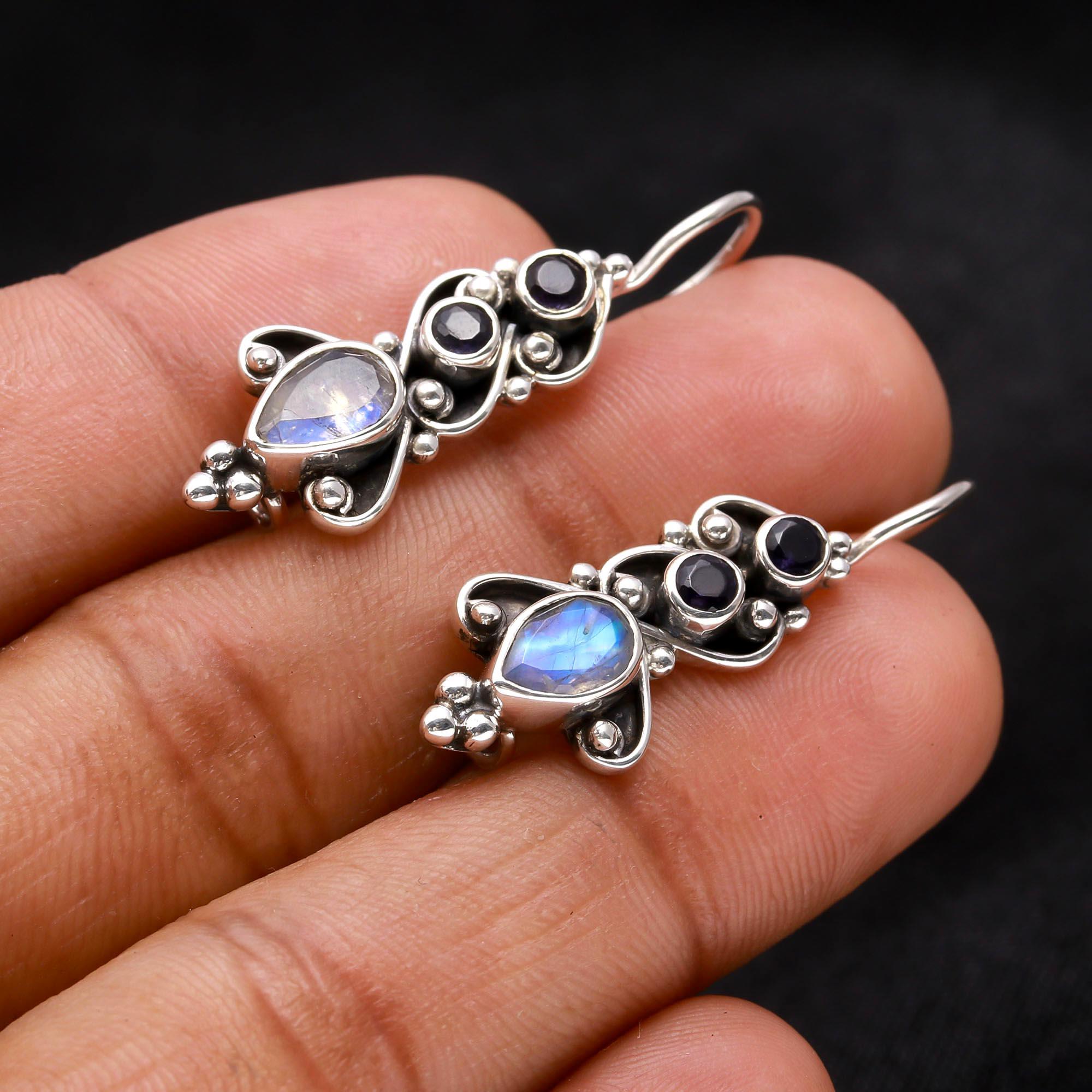 925 Sterling Silver Moonstone & Iolite Dangle Earrings