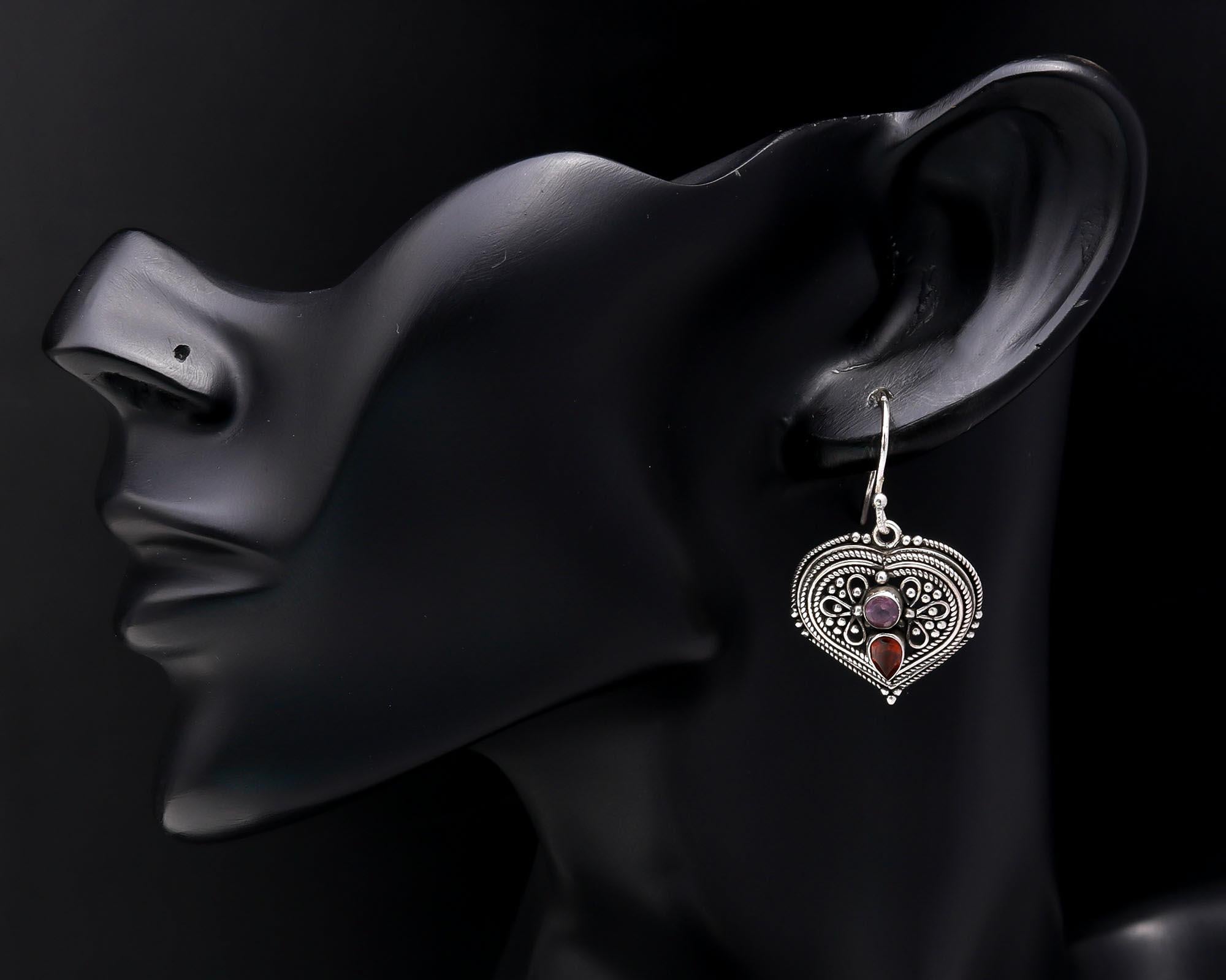 925 Sterling Silver Garnet & Amethyst Vintage Heart Dangle Earrings