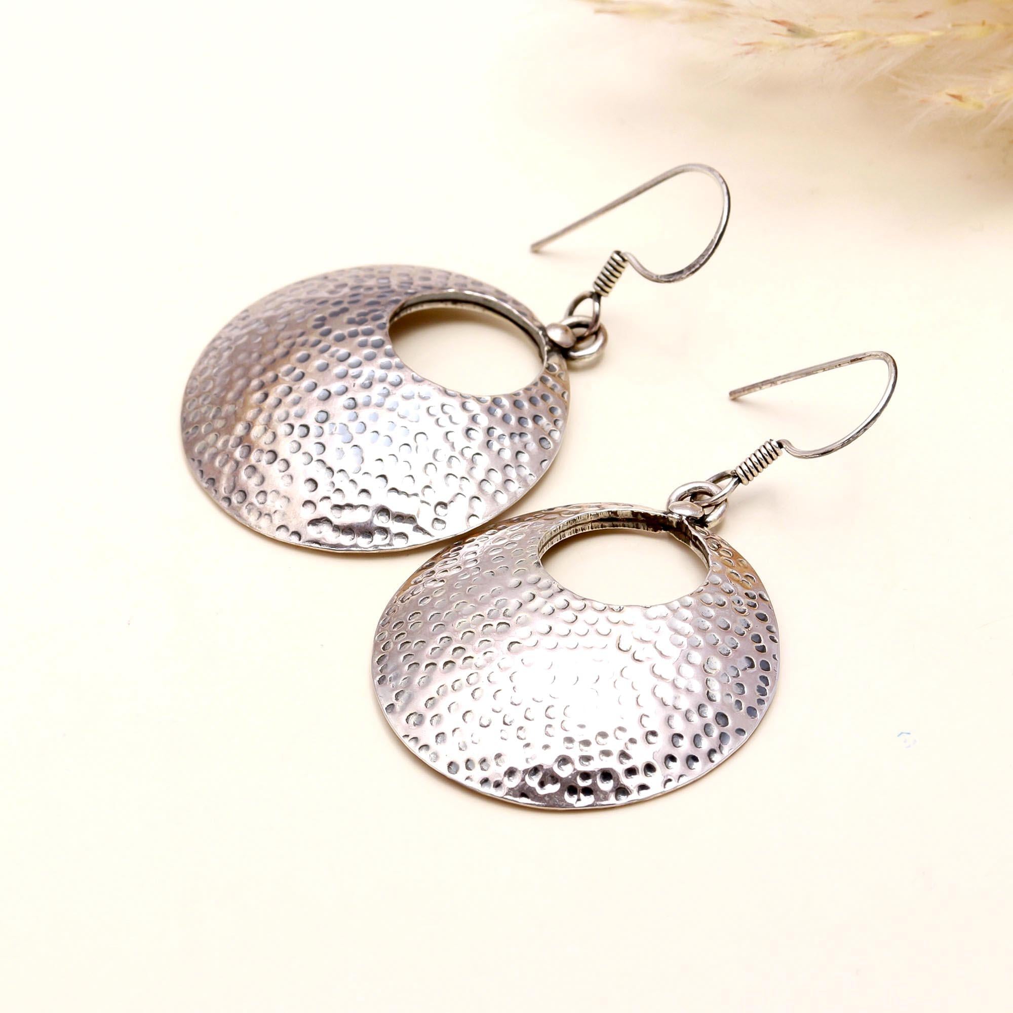 925 Sterling Silver Handmade Hammered Circle Dangle Earrings