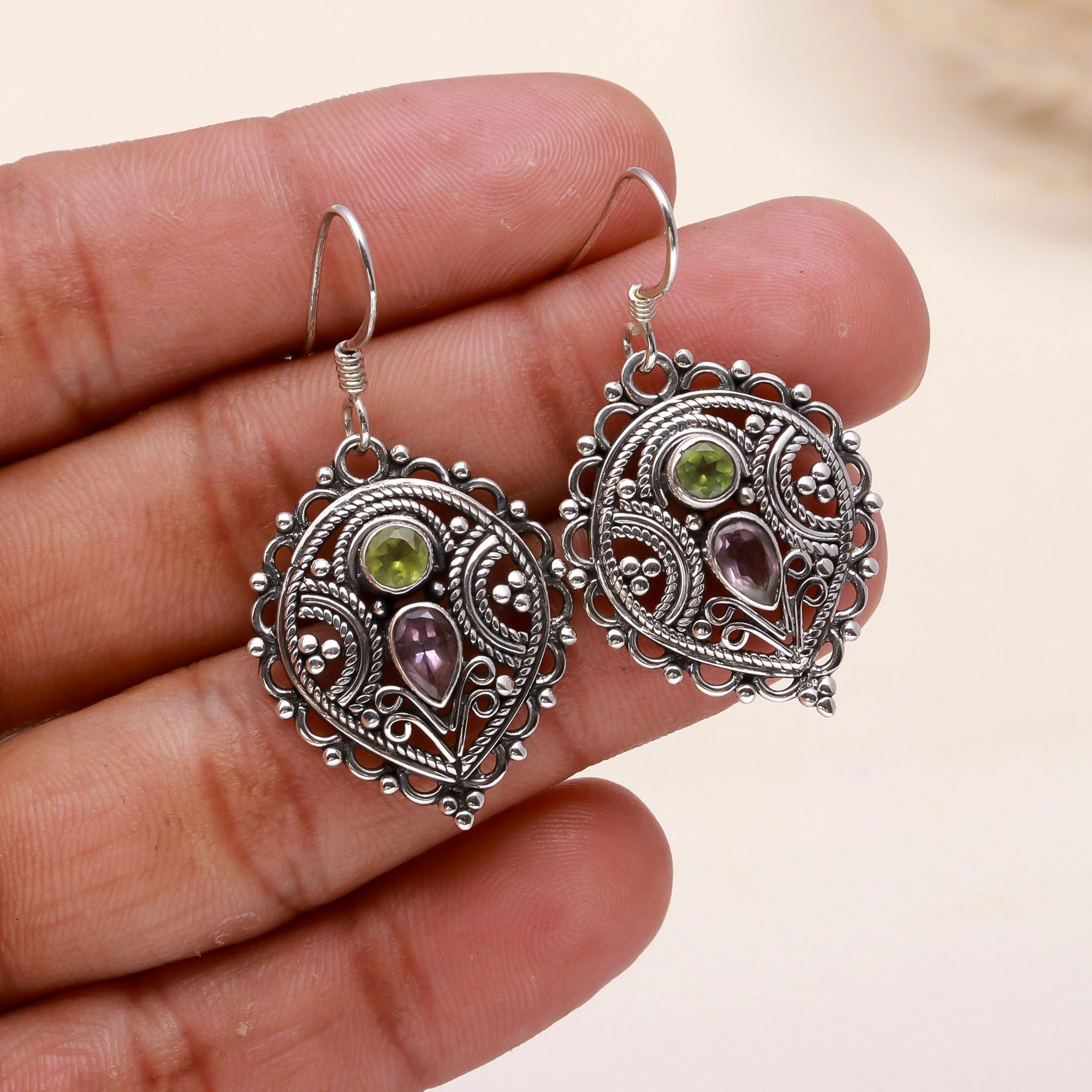 925 Sterling Silver Amethyst & Peridot Vintage Boho Filigree Dangle Earrings
