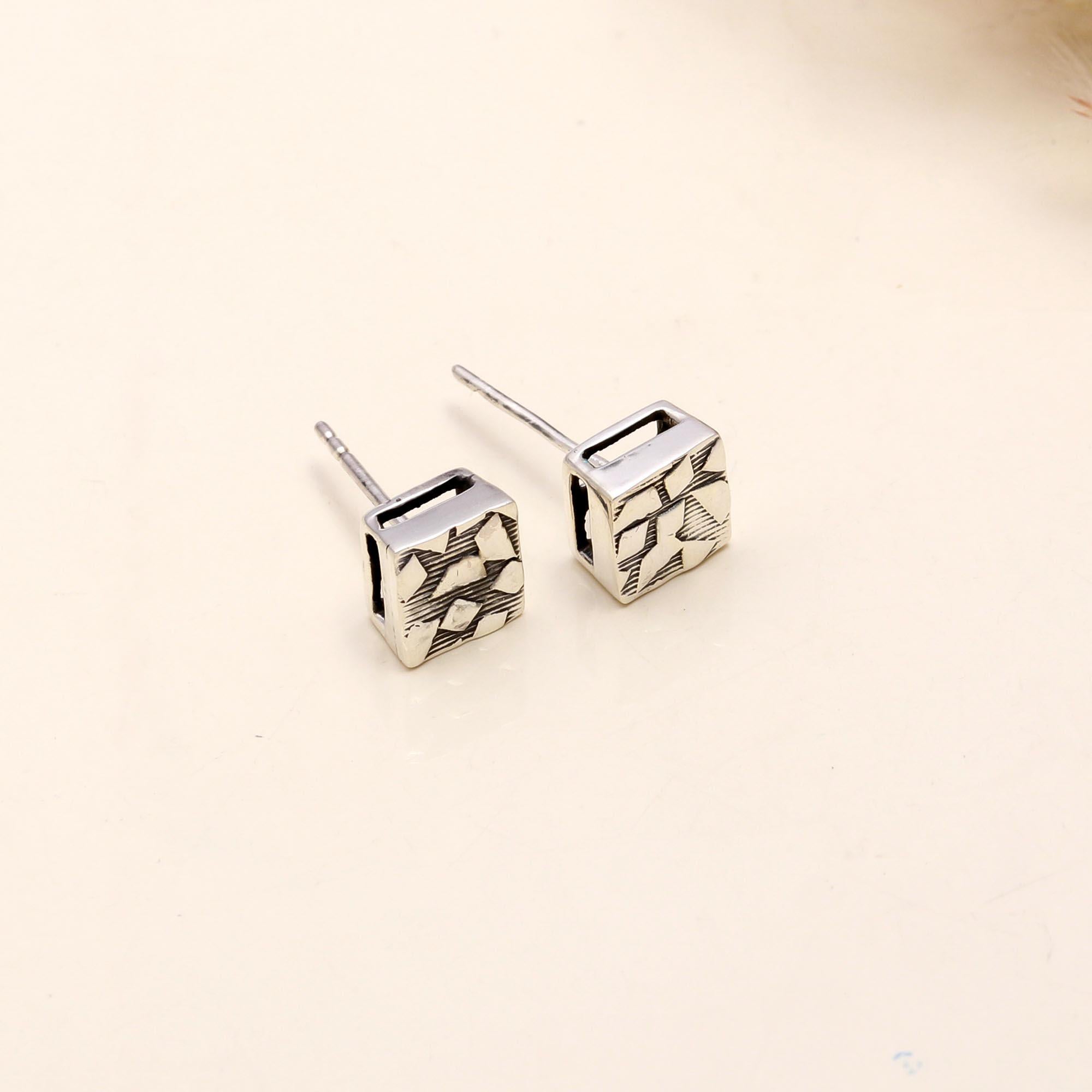 925 Sterling Silver Modern Cube Design Stud Earrings