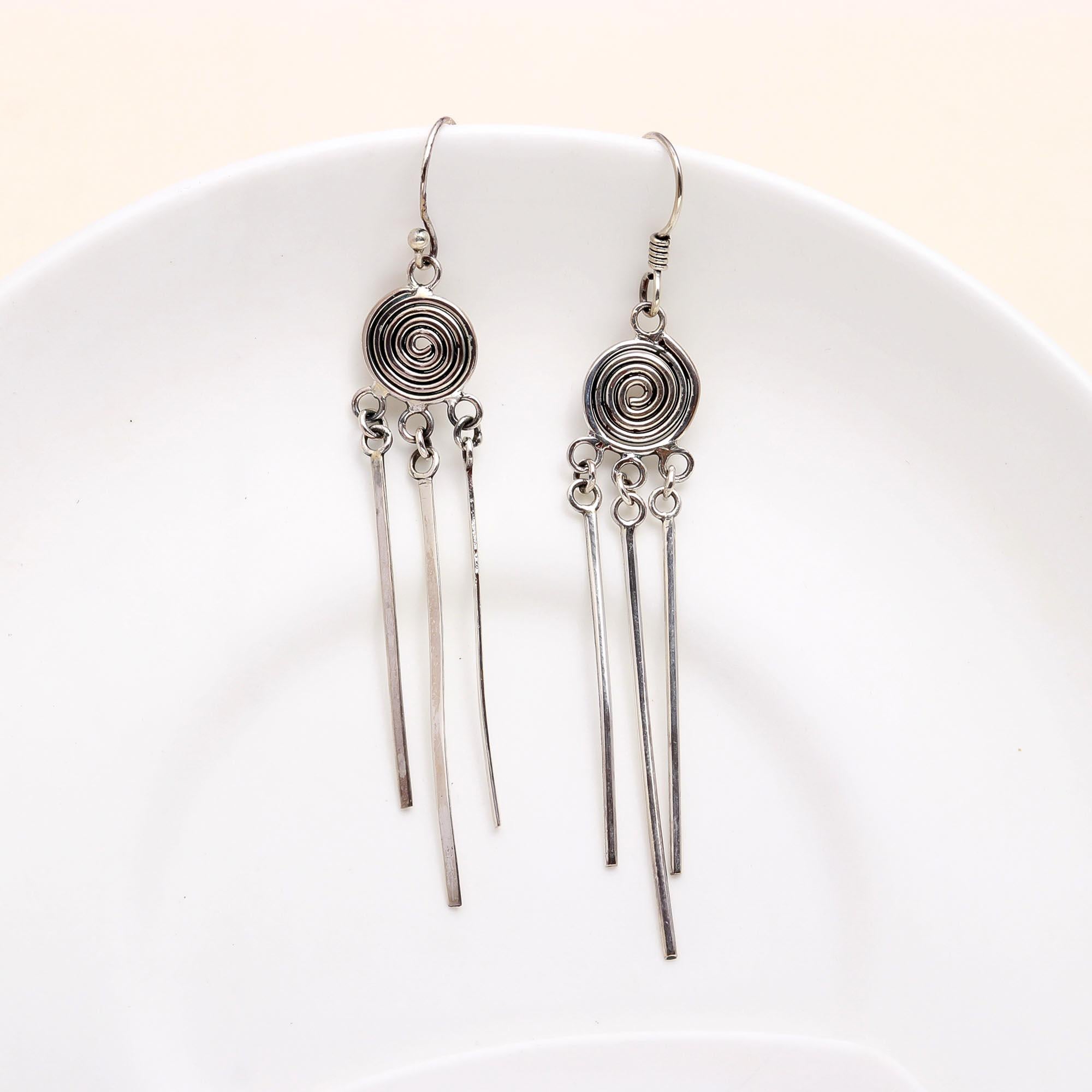 The Spiral Rain: Tribal Inspired Drop Silver Earrings