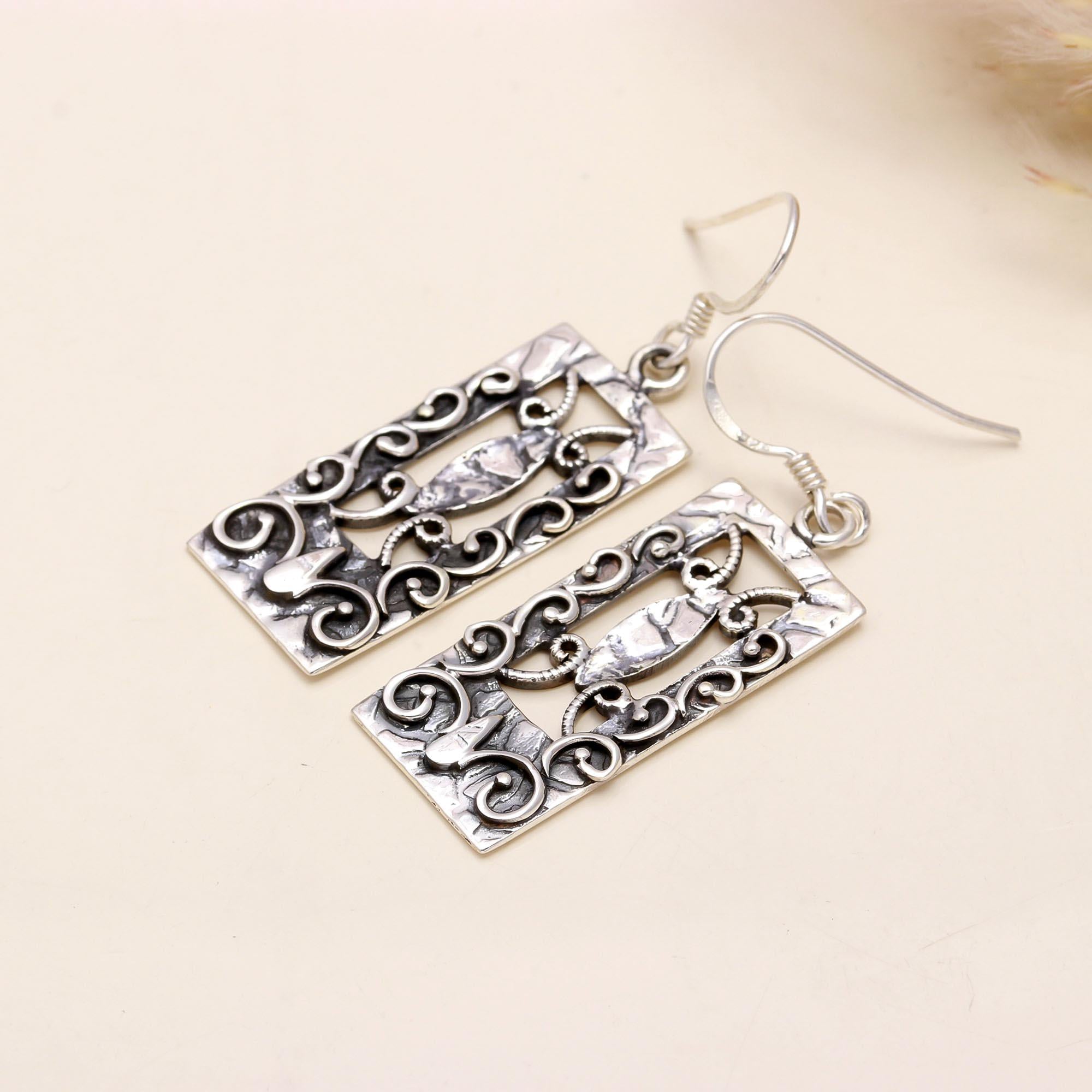 925 Sterling Silver Rectangle Vintage Boho Filigree Dangle Earrings