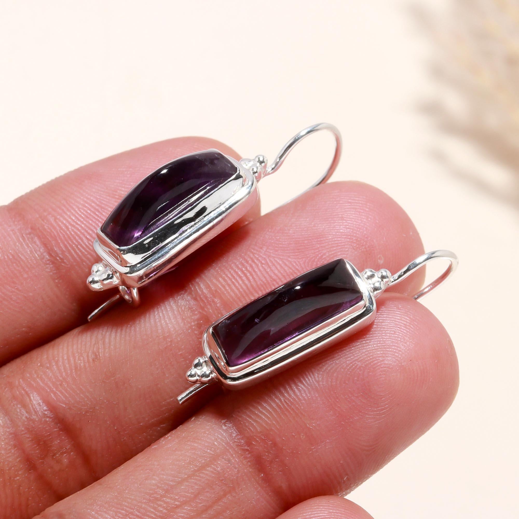 925 Sterling Silver Rectangular Amethyst Gemstone Dangle Earrings