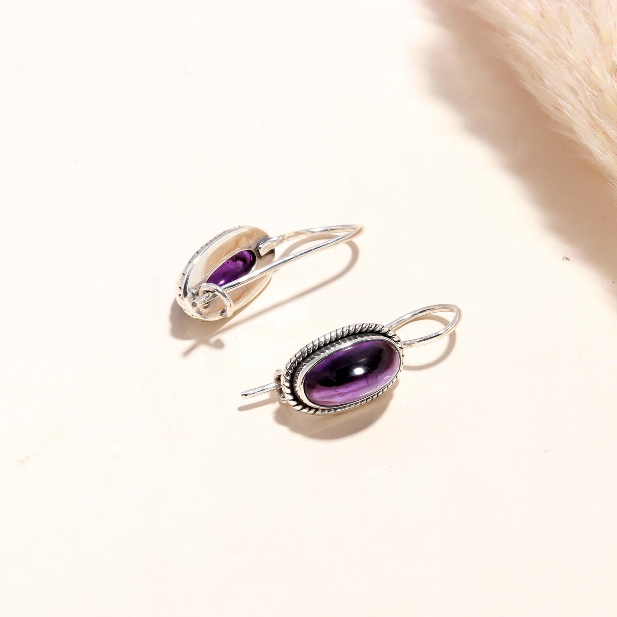 925 Sterling Silver Oval Amethyst Vintage-Style Dangle Earrings