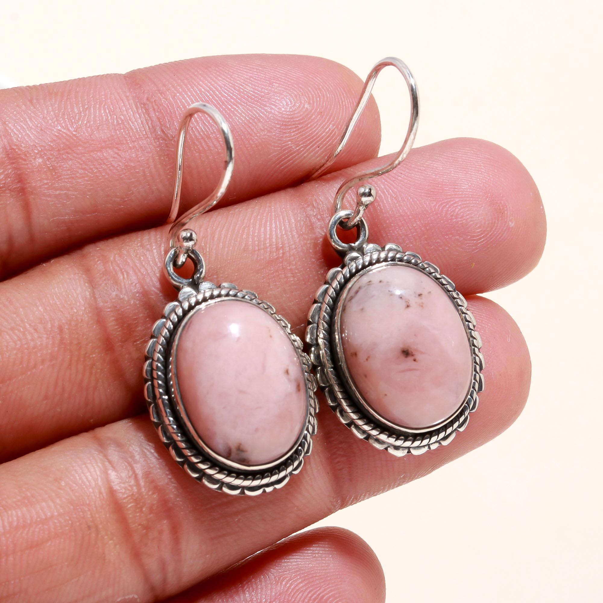 925 Sterling Silver Pink Rhodonite Vintage Boho Dangle Earrings