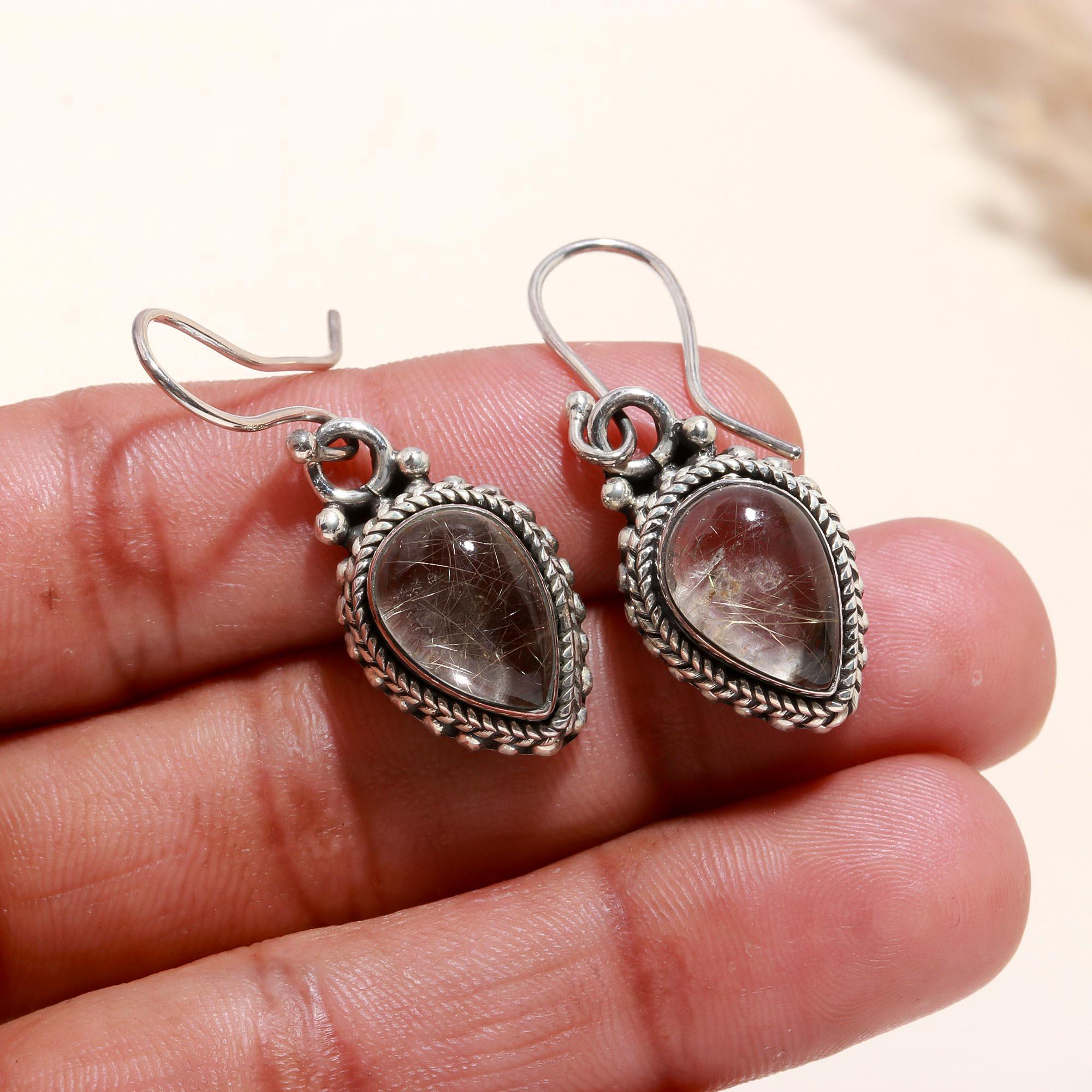 925 Sterling Silver Rutilated Quartz Boho Dangle Earrings