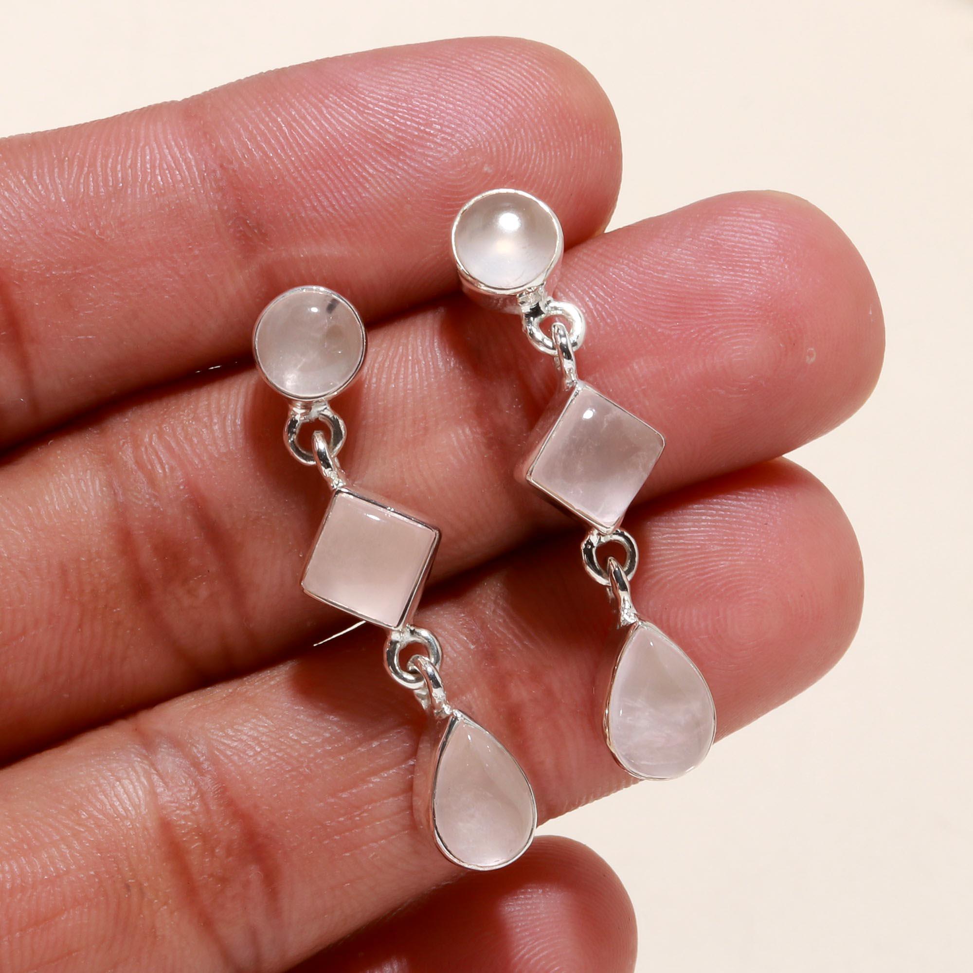 925 Sterling Silver Rose Quartz Dangle Earrings