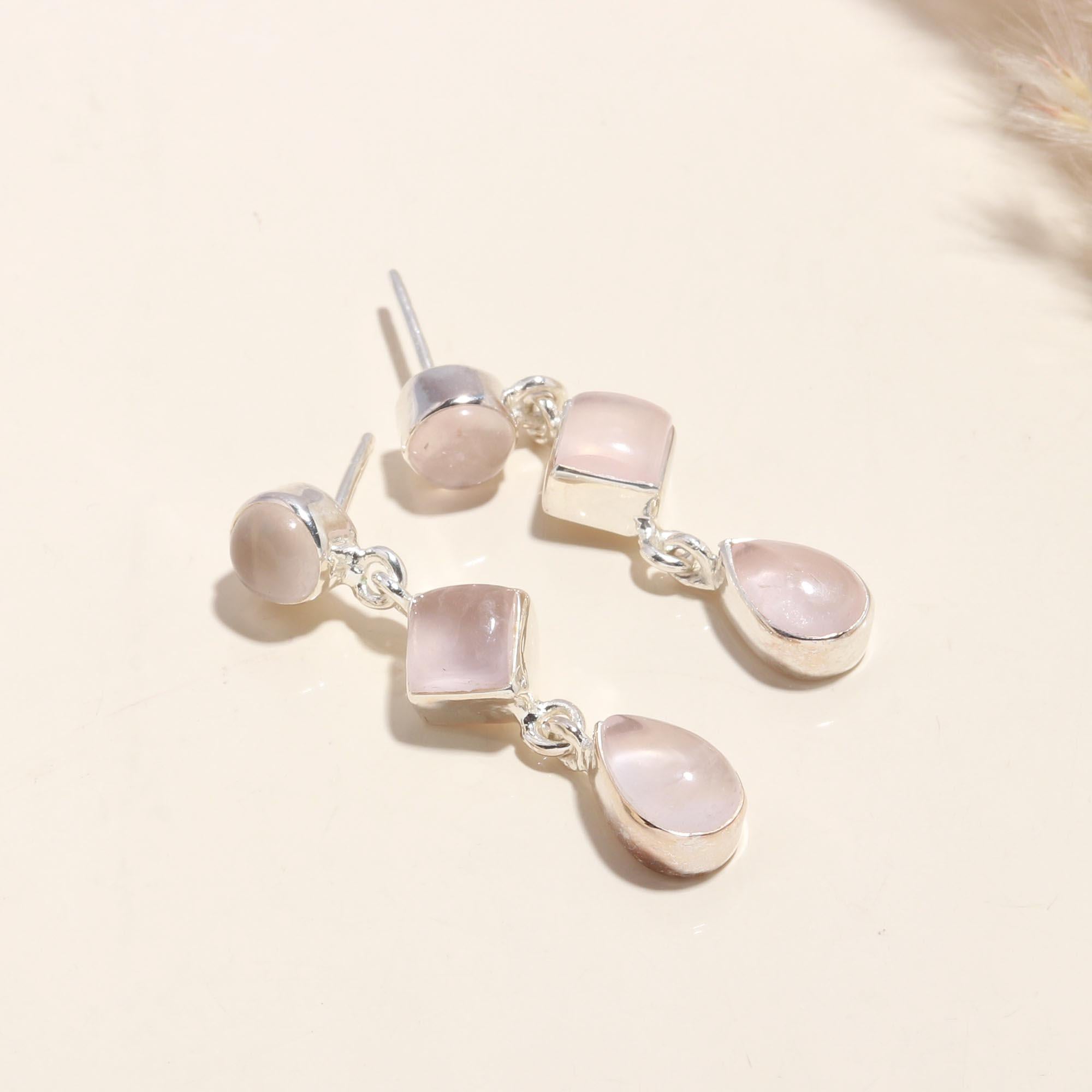 925 Sterling Silver Rose Quartz Dangle Earrings