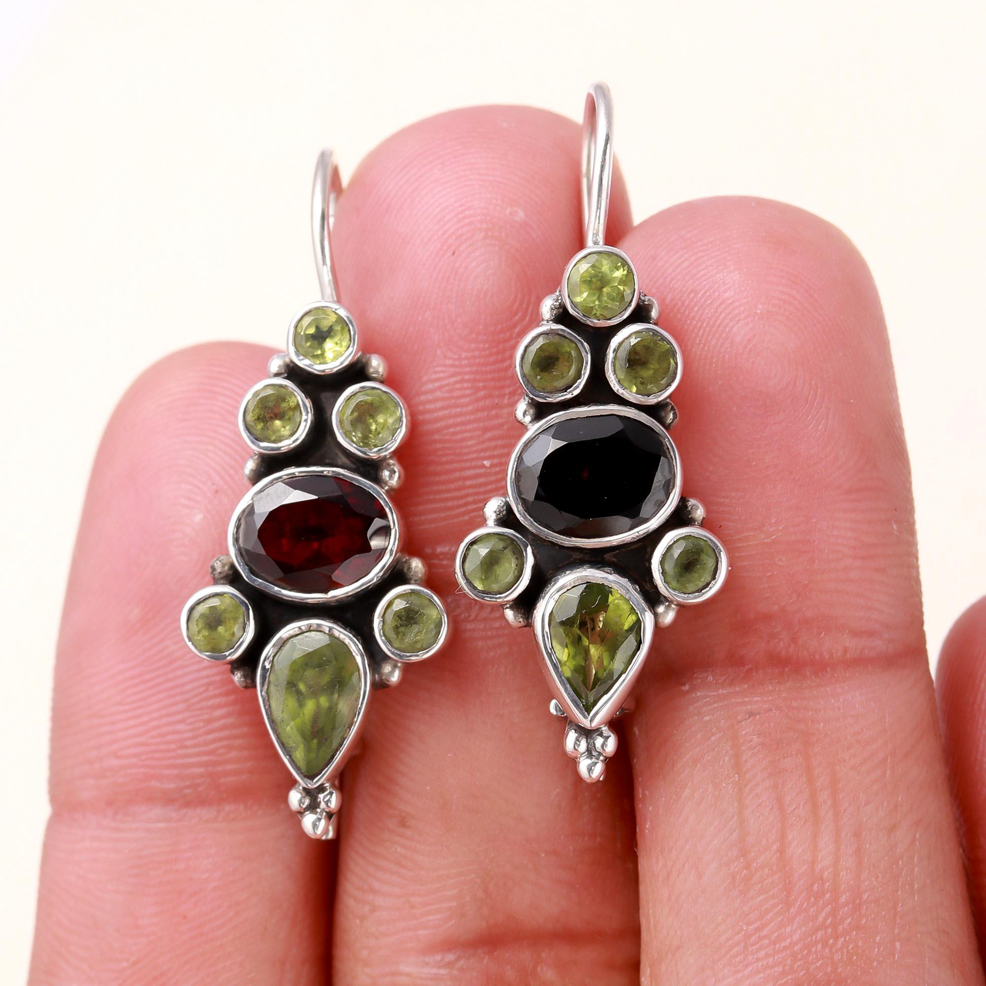 925 Sterling Silver Garnet & Peridot Vintage Boho Dangle Earrings