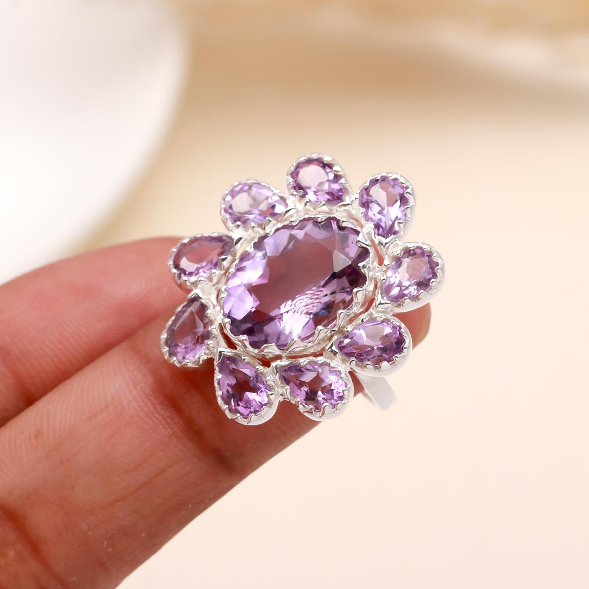 925 Sterling Silver Amethyst Cluster Statement Ring