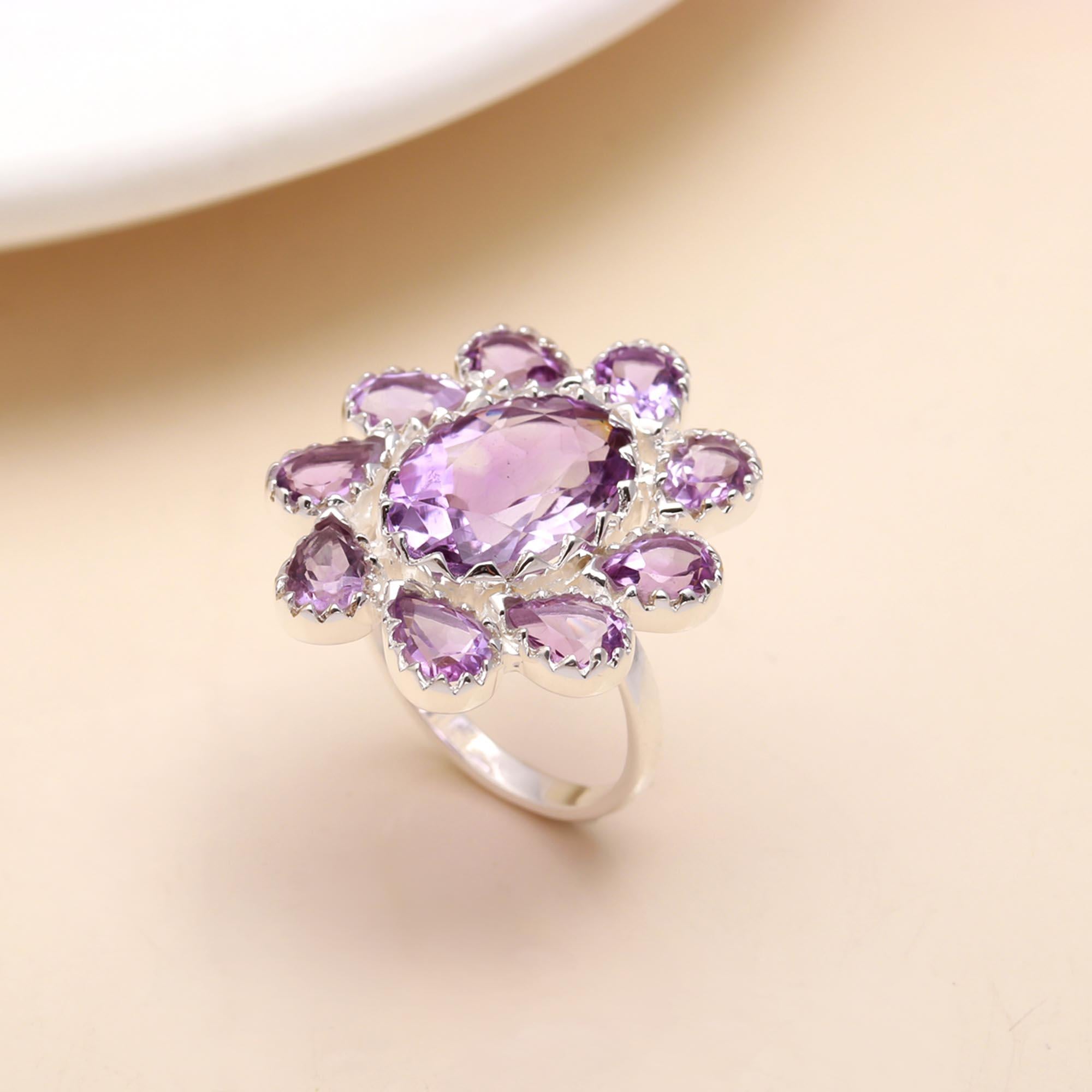 The Violet Bloom: Amethyst Silver Floral Cluster Ring
