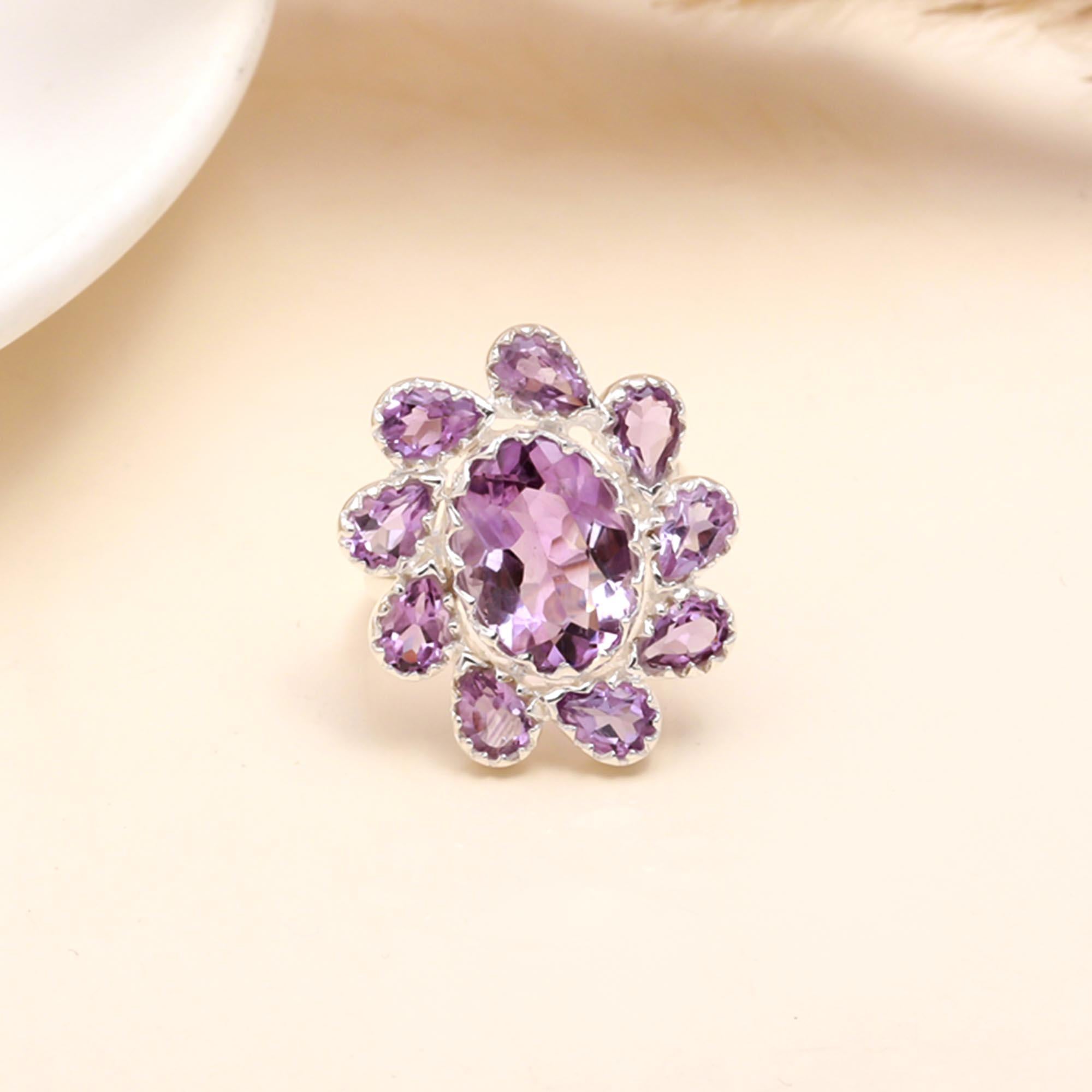 The Violet Bloom: Amethyst Silver Floral Cluster Ring