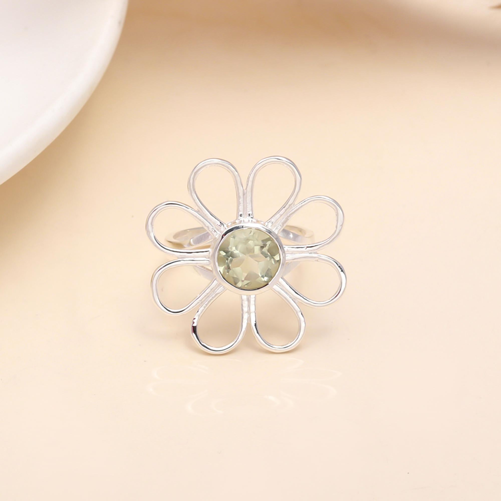 925 Sterling Silver Unique Floral Ring with Round Gemstone