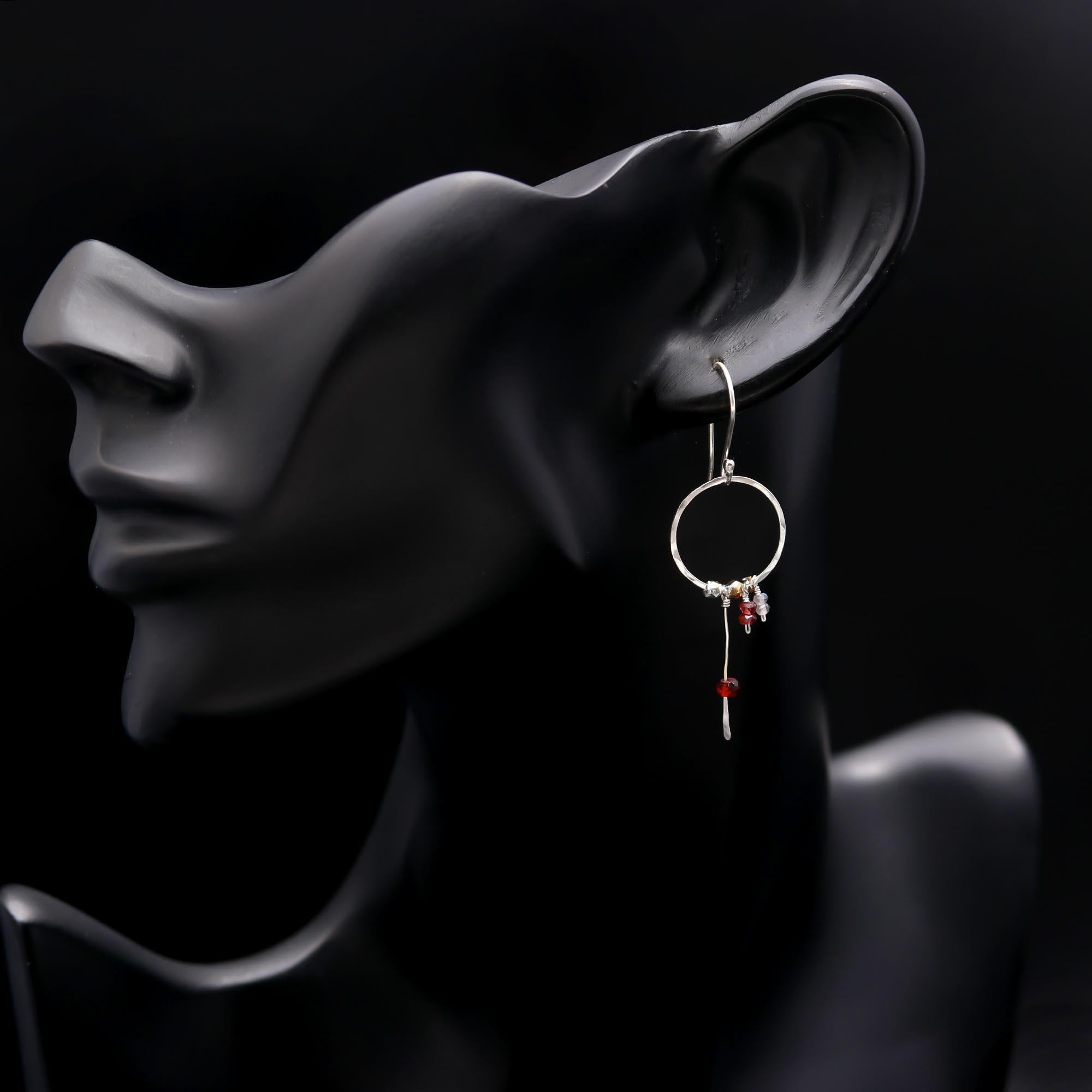 925 Sterling Silver Garnet Beads Hammered Hoop Dangle Earrings