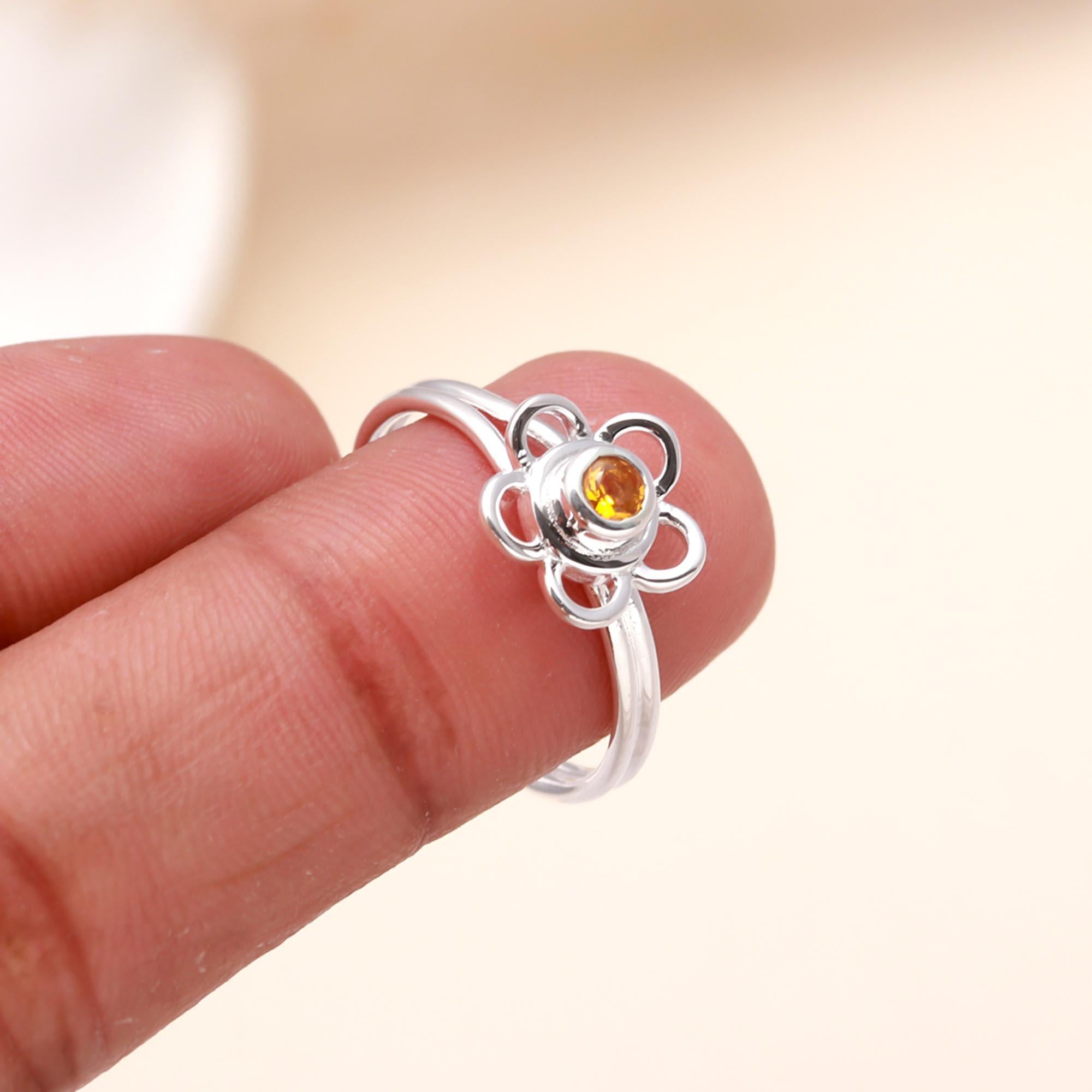 925 Sterling Silver Flower Ring with Citrine Gemstone