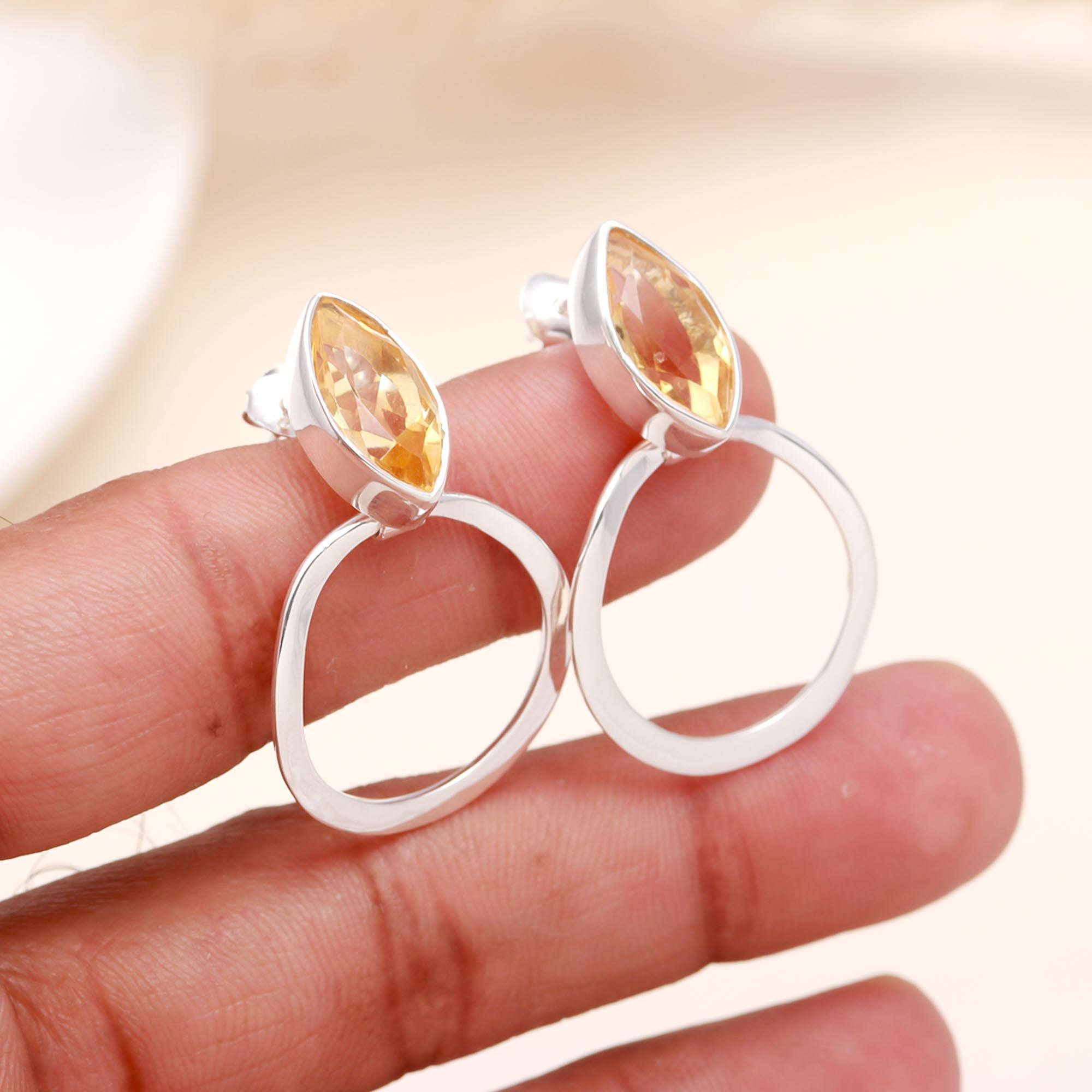 925 Sterling Silver Marquise Citrine Hoop Earrings
