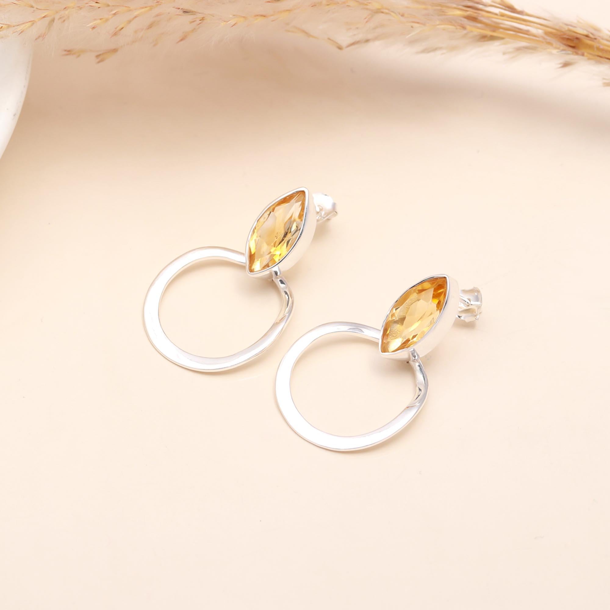 925 Sterling Silver Marquise Citrine Hoop Earrings