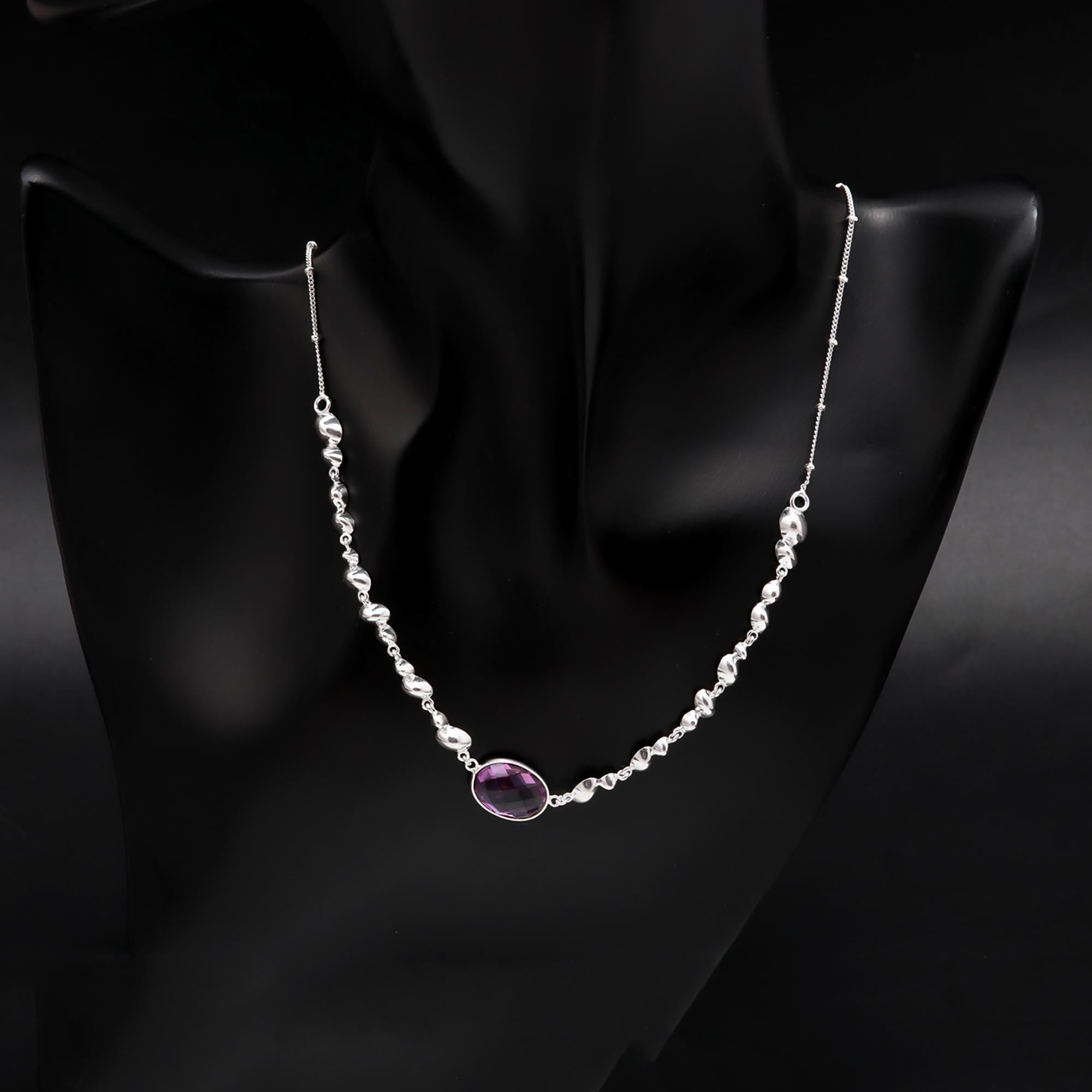925 Sterling Silver Oval Amethyst Beaded Necklace