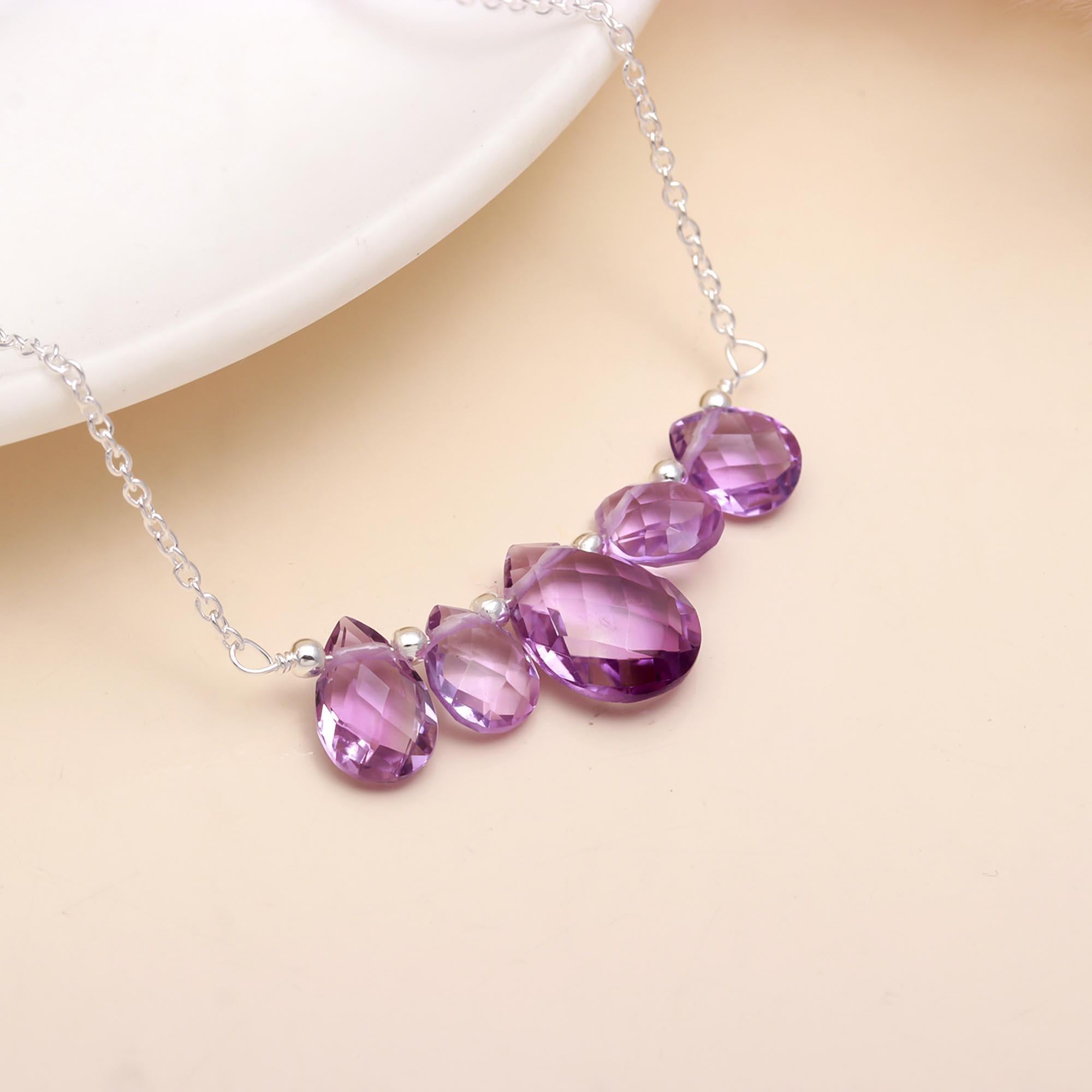 925 Sterling Silver Teardrop Amethyst Cluster Pendant Necklace