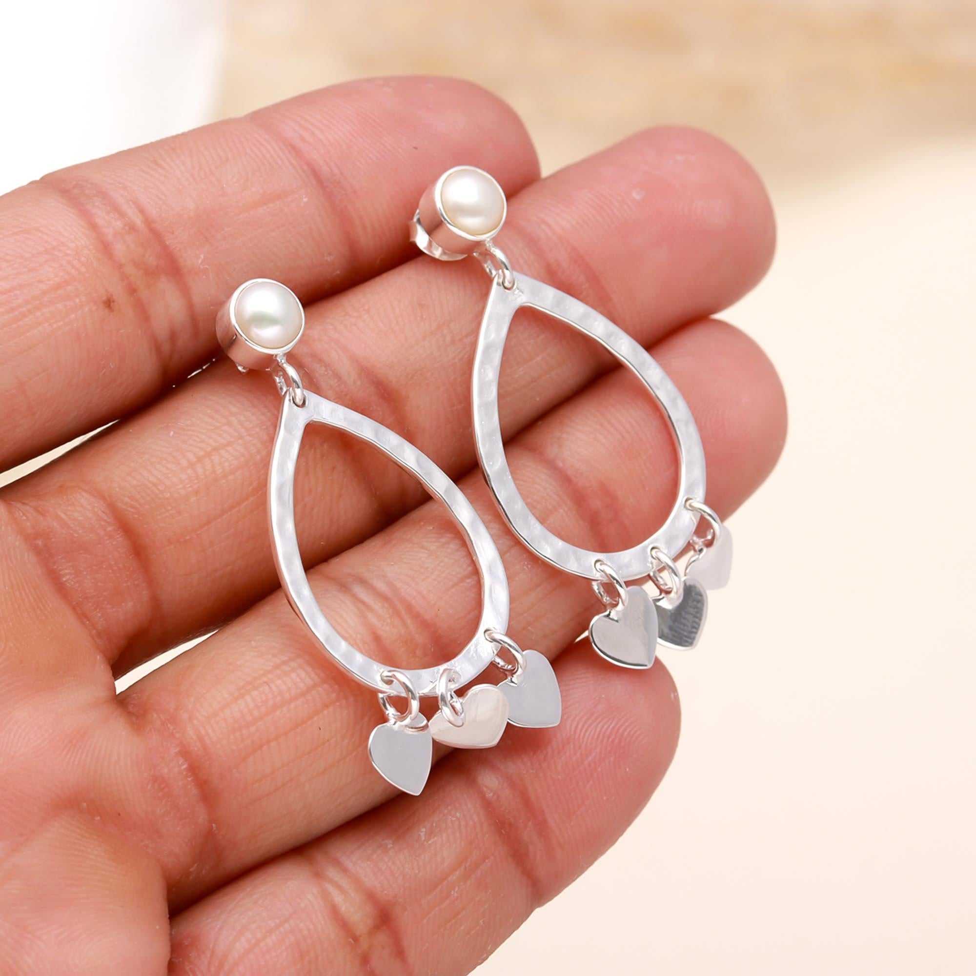 925 Sterling Silver Teardrop Dangle Earrings with Pearl & Heart Charms