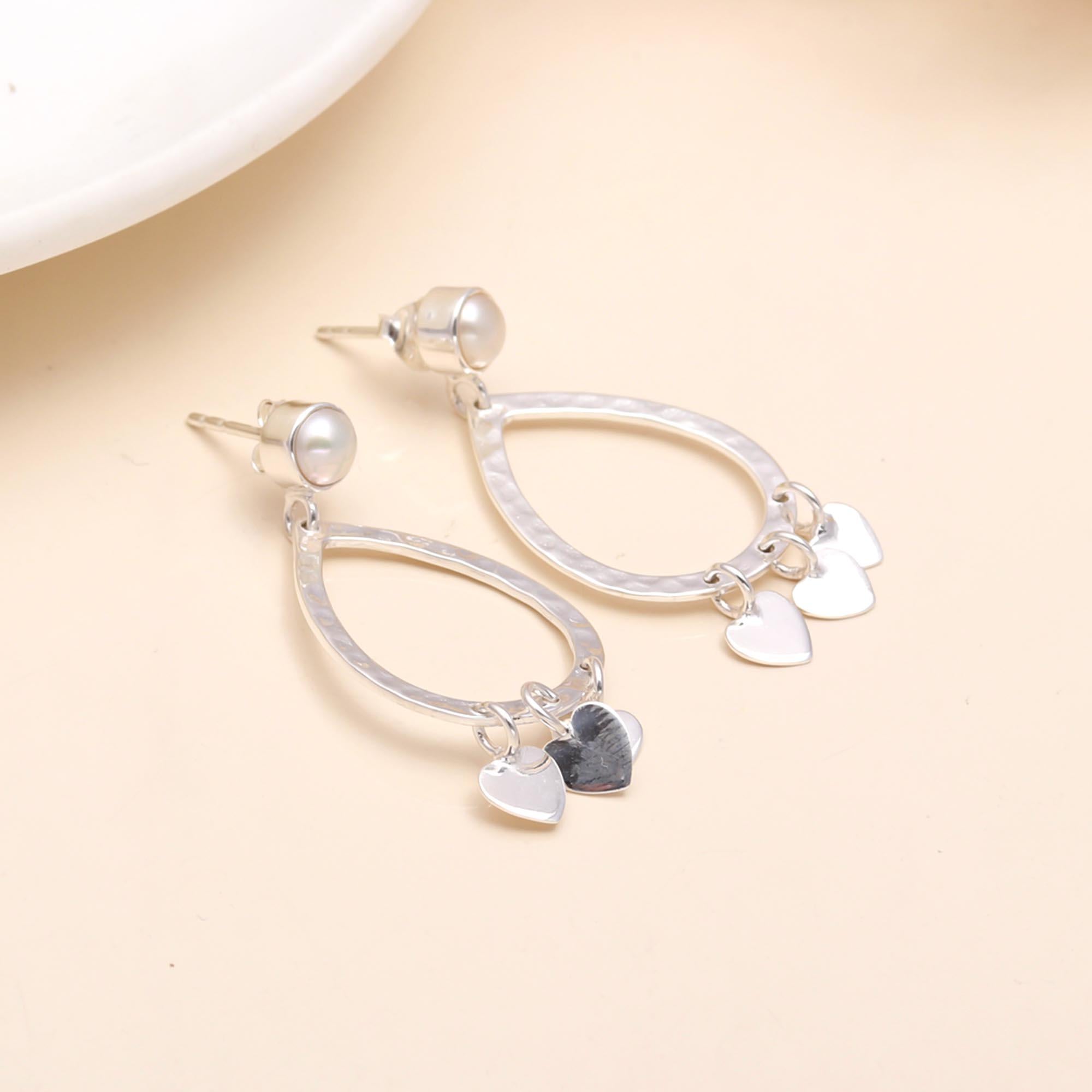 925 Sterling Silver Teardrop Dangle Earrings with Pearl & Heart Charms