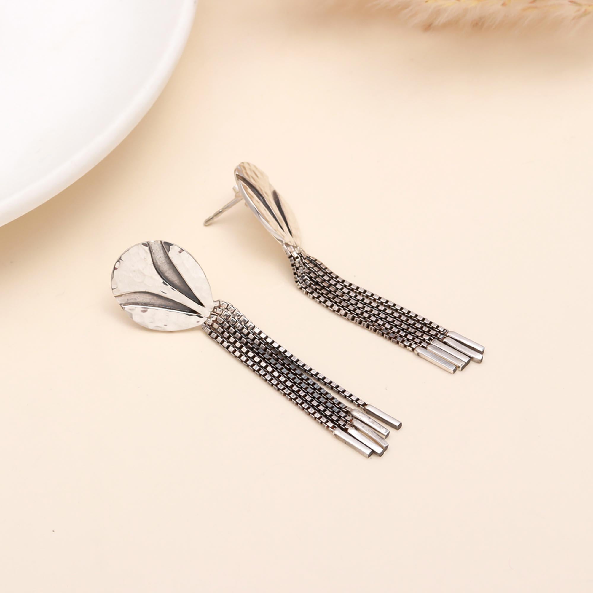 925 Sterling Silver Hammered Oval Stud Earrings with Chain Fringe