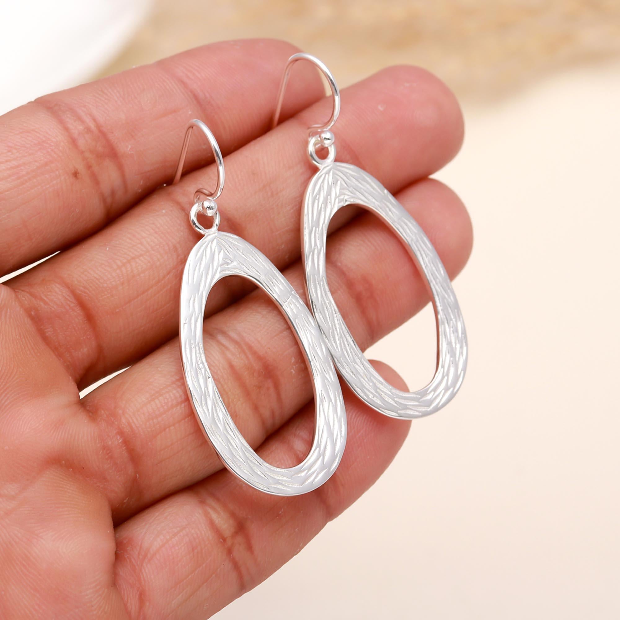 925 Sterling Silver Textured Open Oval Dangle Earrings