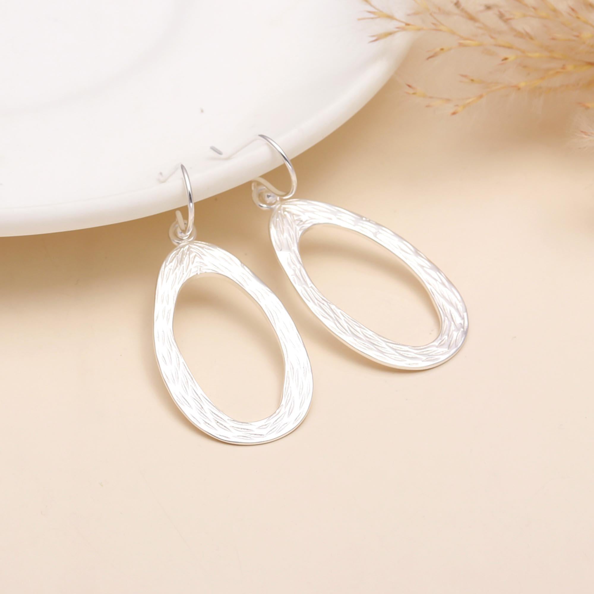 925 Sterling Silver Textured Open Oval Dangle Earrings