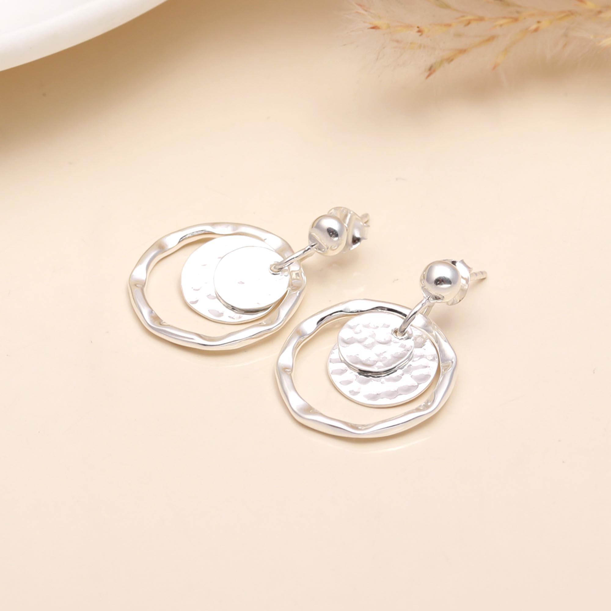 925 Sterling Silver Textured Circle Dangle Earrings