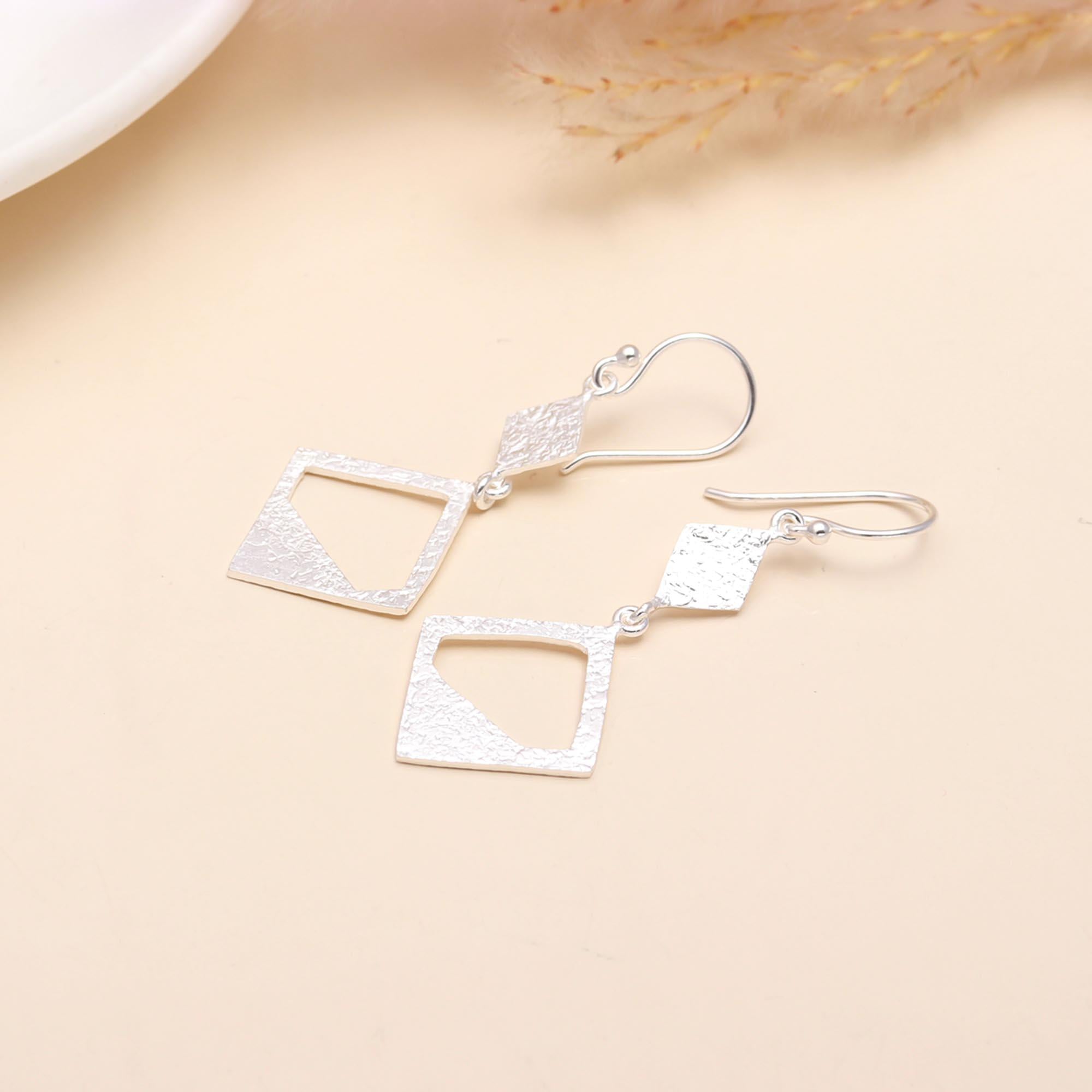 925 Sterling Silver Textured Geometric Modern Drop Earrings