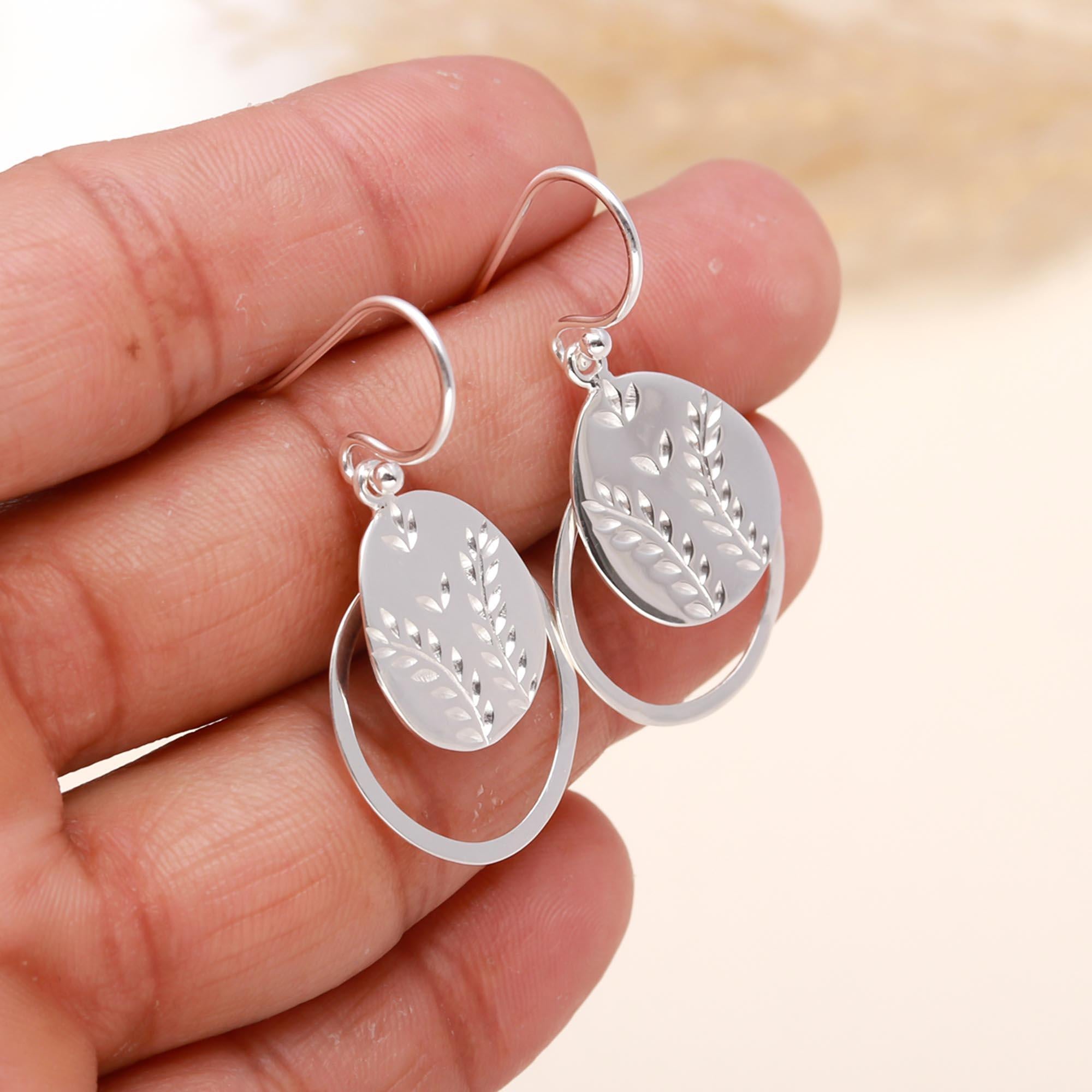 925 Sterling Silver Engraved Leaf Drop Earrings