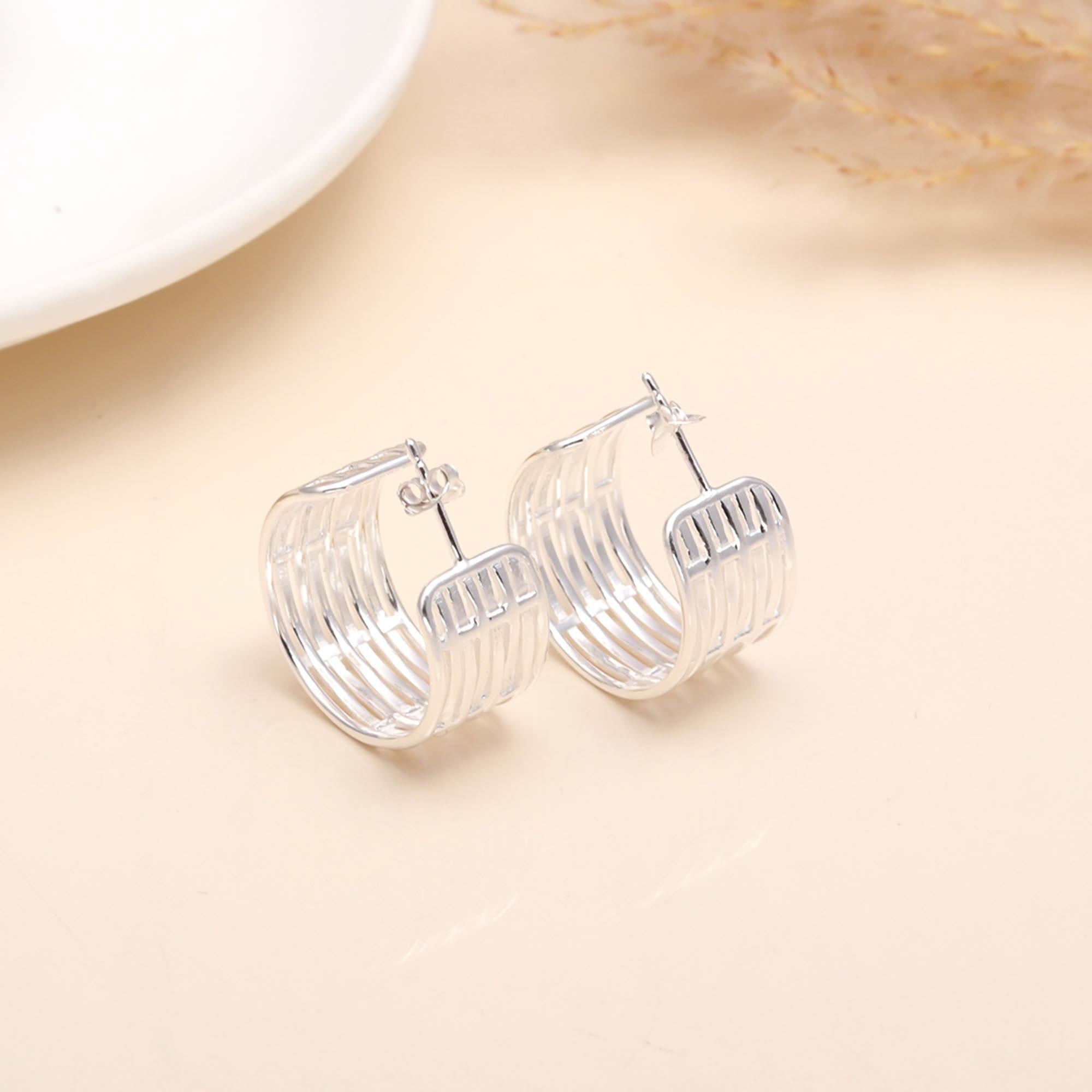 925 Sterling Silver Modern Wide Grid Multi-Rowed Studs Earrings