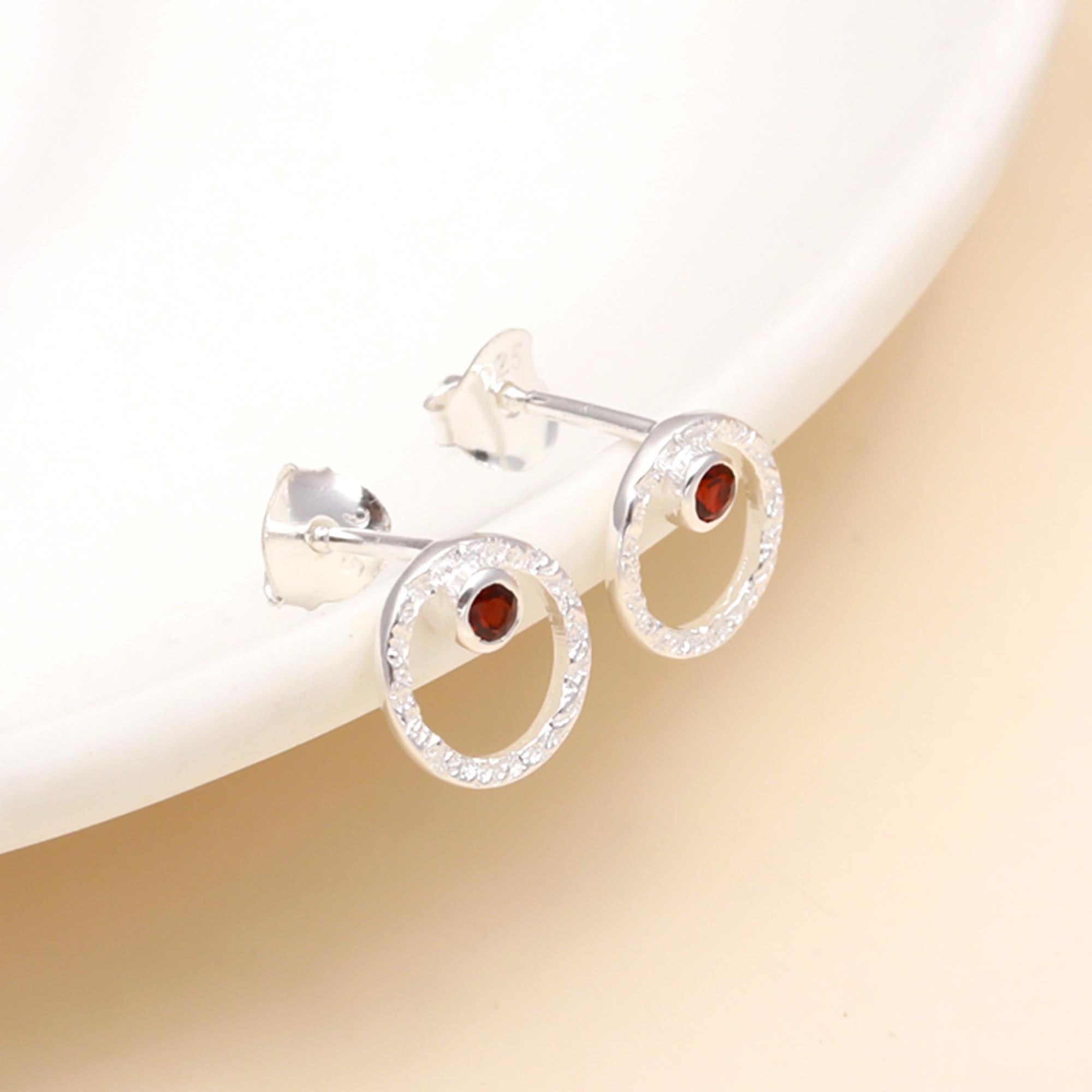 925 Sterling Silver Circle Red Garnet Stud Earrings