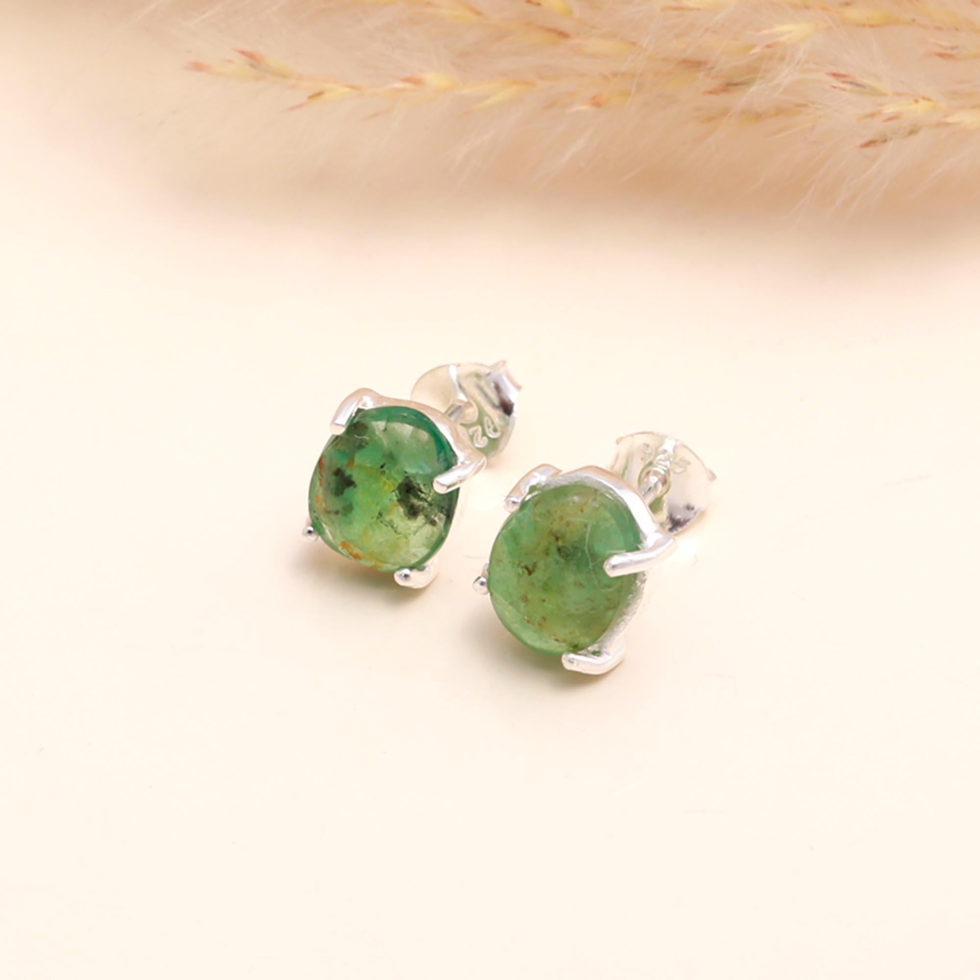 925 Sterling Silver Natural Green Emerald Stud Earrings