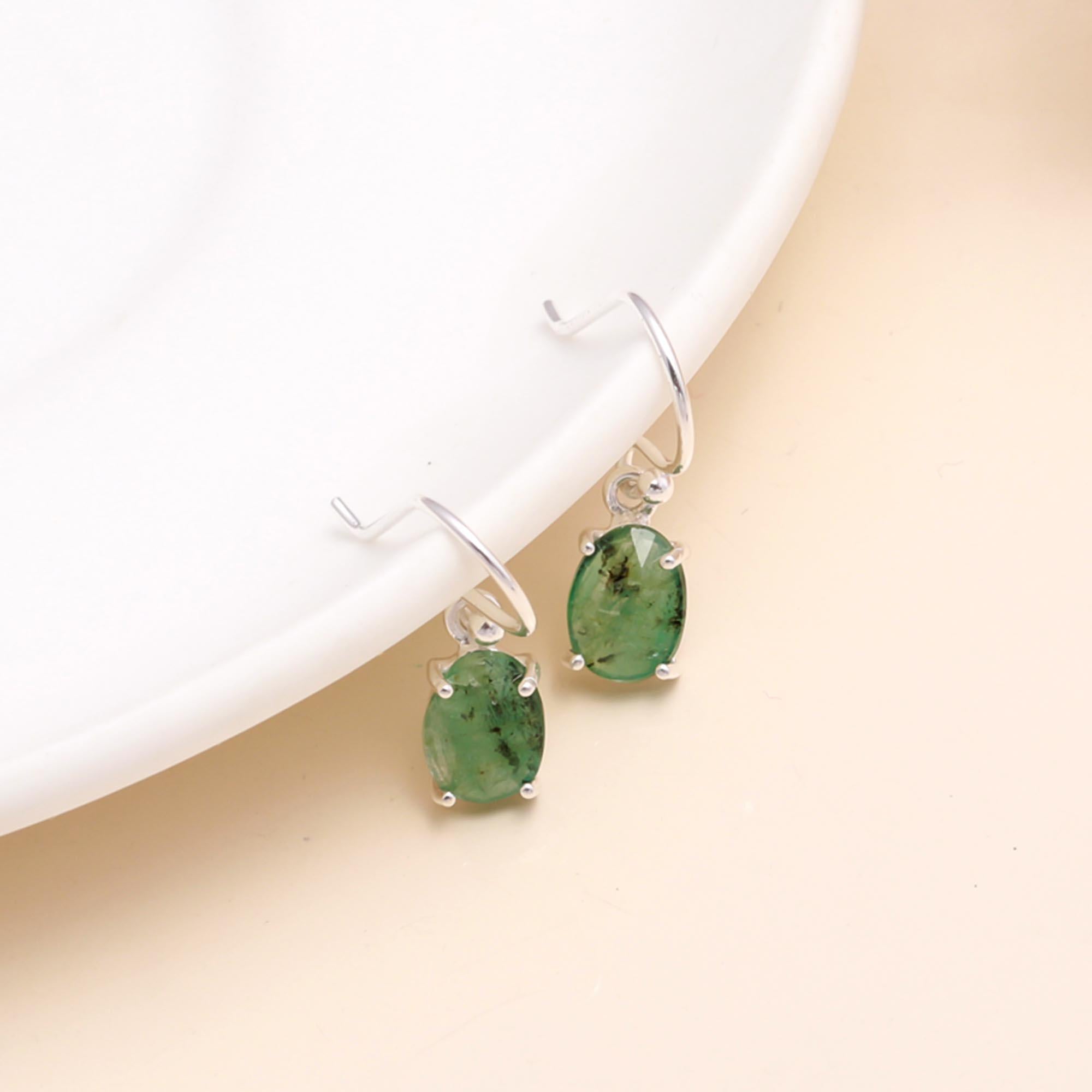 925 Sterling Silver Natural Emerald Dangle Earrings