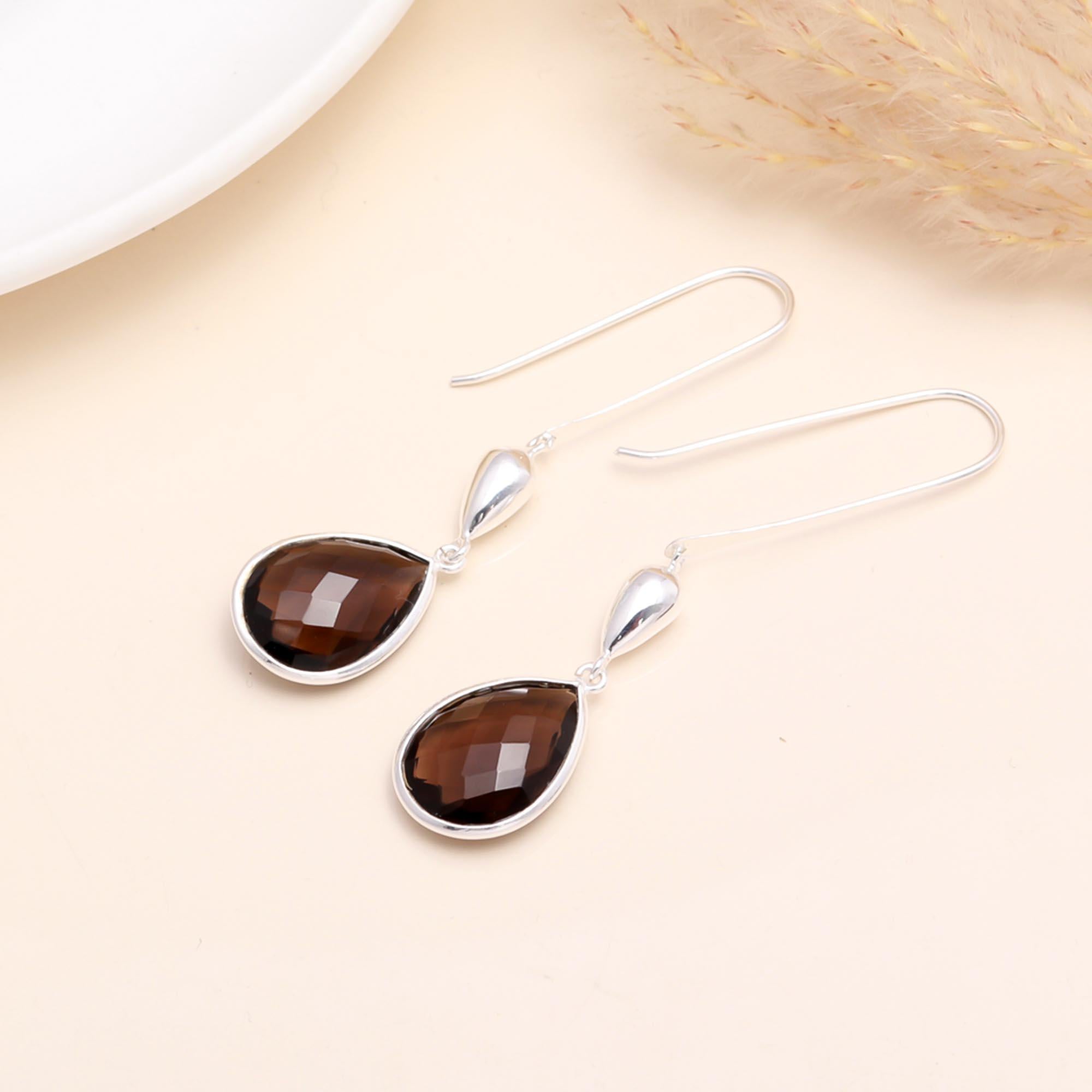 925 Sterling Silver Smoky Quartz Teardrop Dangle Earrings