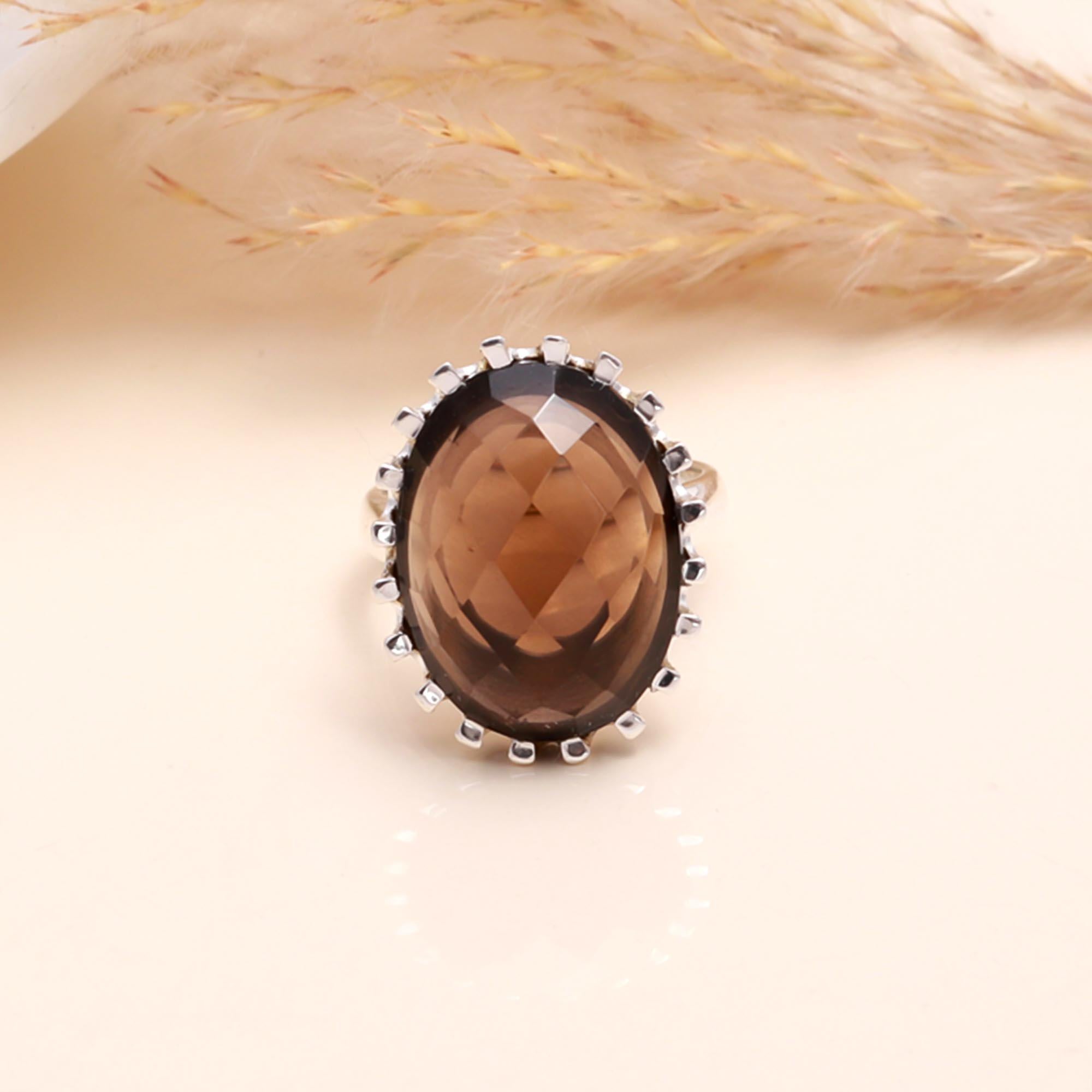 925 Sterling Silver Oval Smoky Quartz Statement Ring